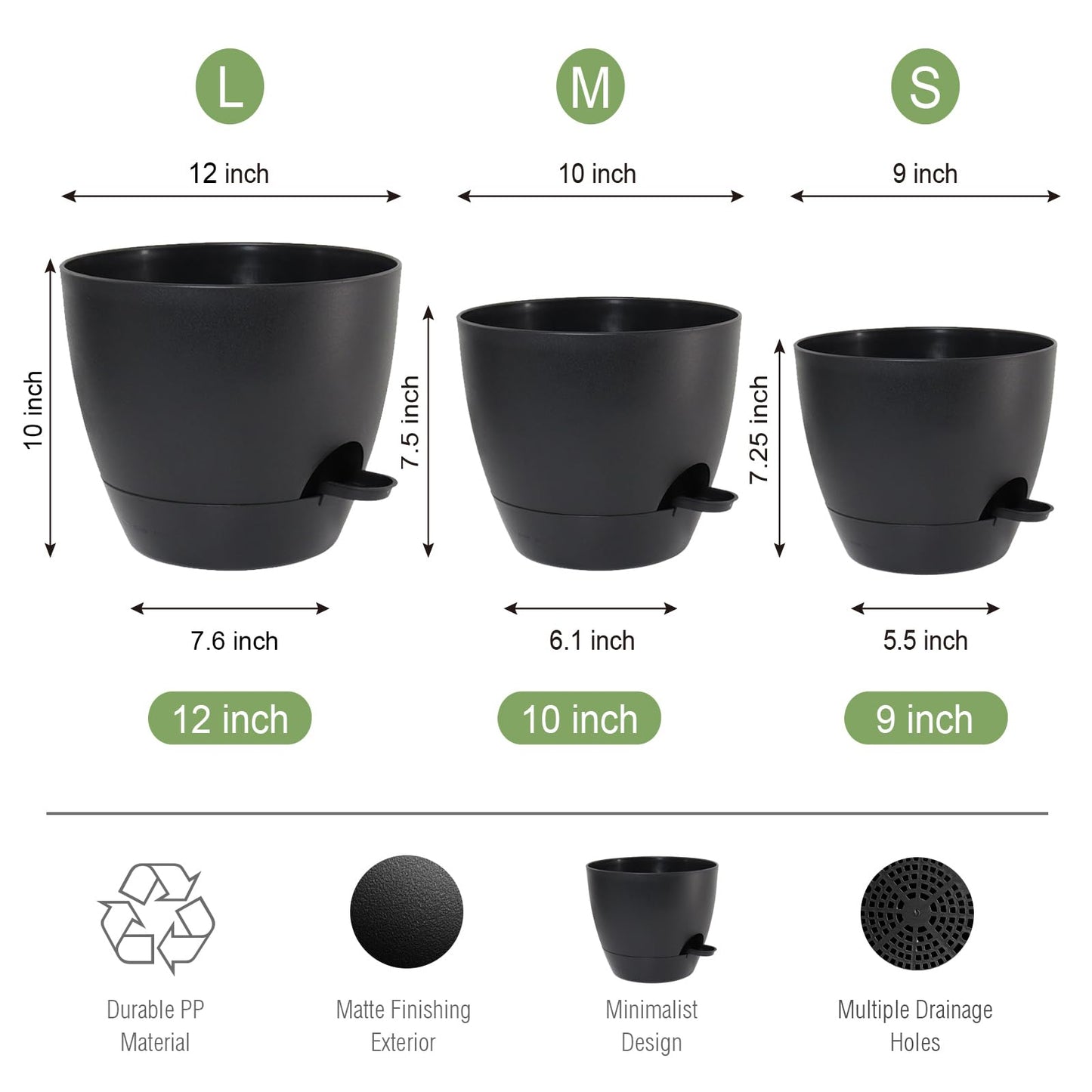 UOUZ Large Self Watering Pots, 12/10/9 Plastic Planters with High Drainage Holes and Deep Reservoir for Indoor Outdoor Garden Plants and Flowers, Black