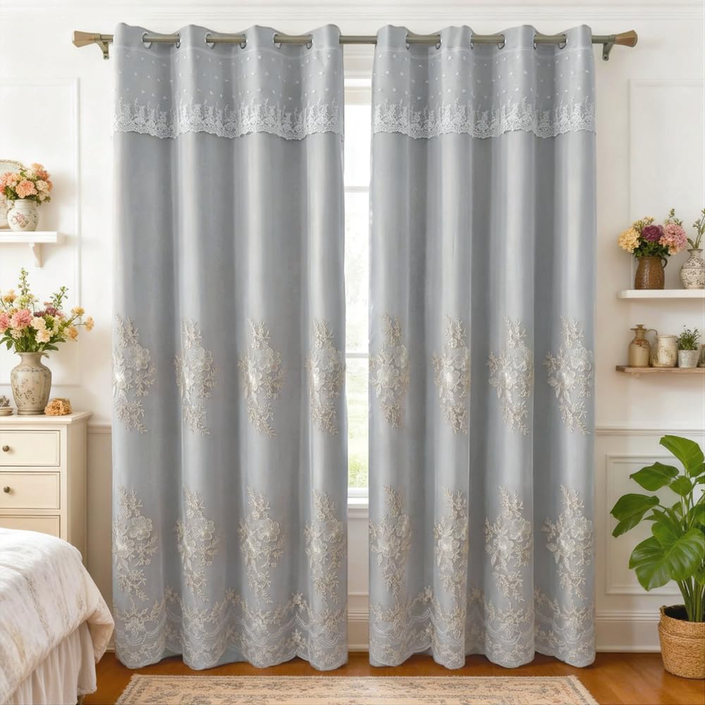 Amidoudou 1 Pair European Double Layer Curtains Luxury Flower Embroidered Curtains for Living Room Bedroom (Grey,52x90 Inch)