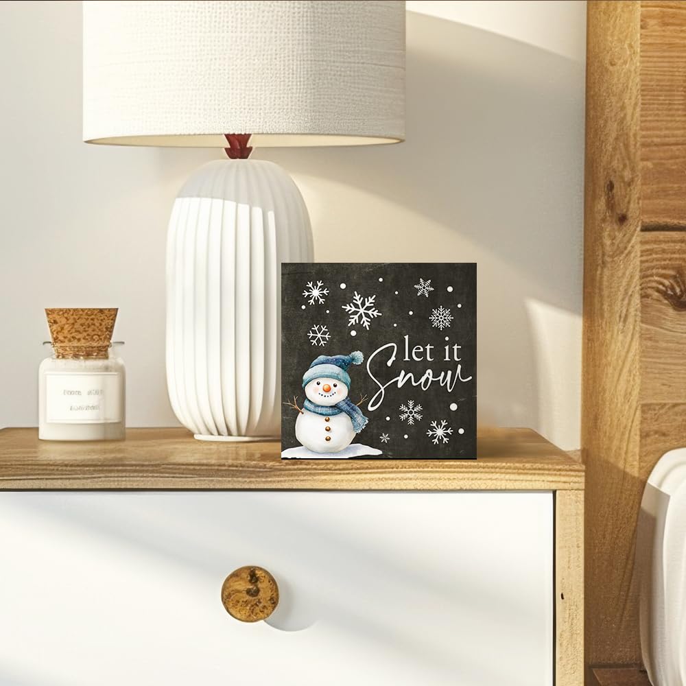 Vgrti Let It Snow Wooden Box Sign, Cute Winter Snowman Desk Sign for Holiday Farmhouse Shelf, Xmas Birthday Gifts for Women Men Friends Sisters Family BFF Snowman Lovers Colleagues
