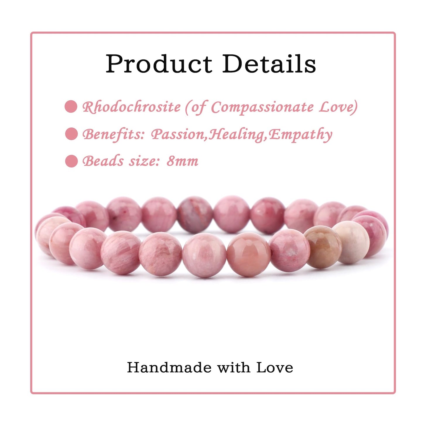 Bymitel 8mm Rhodochrosite - Handmade Reiki Gemstone Stretch Bracelet, Natural Beauty & Spiritual Essence, Crystal Healing for Unisex Adults