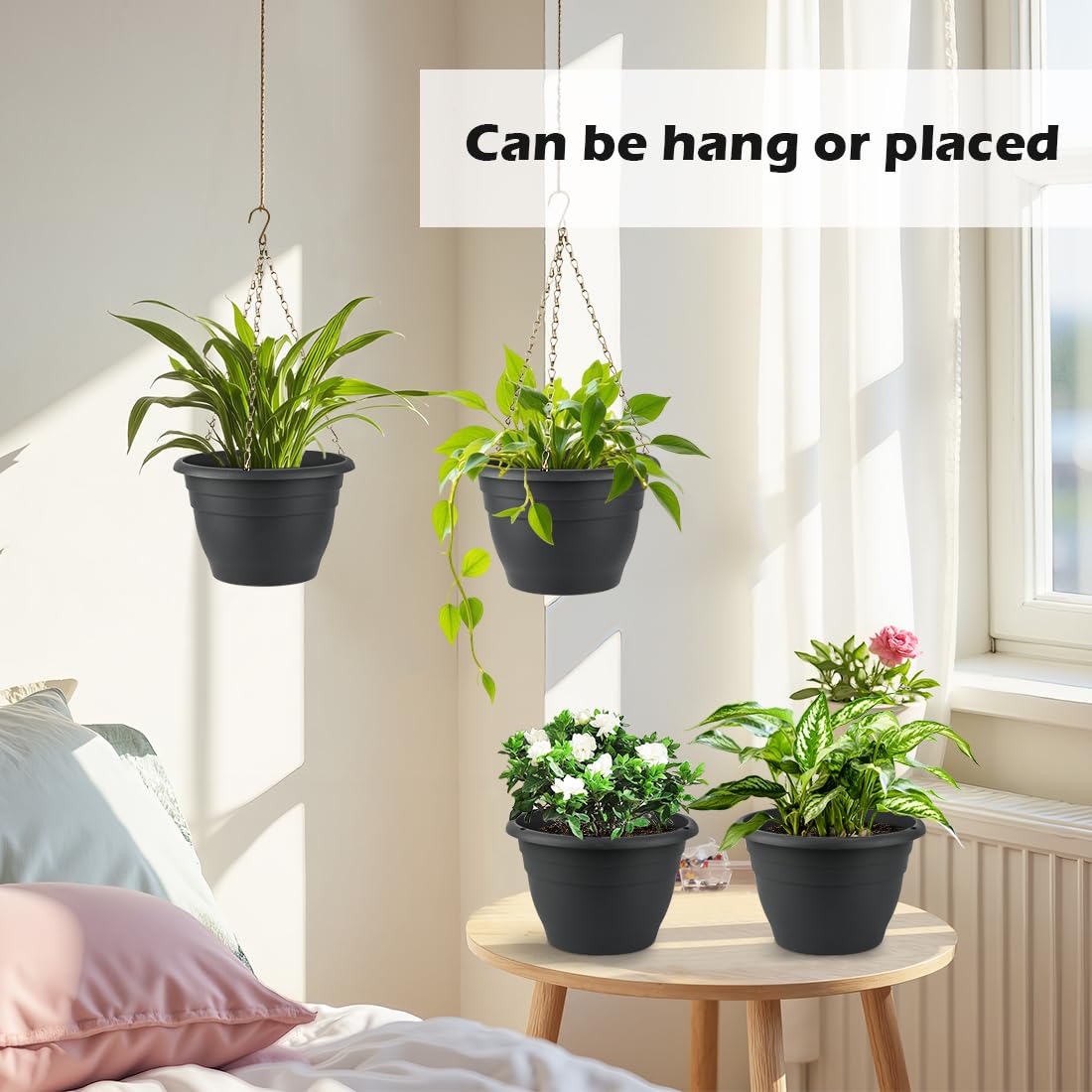 RooTrimmer Hanging Planters 10 Inch, 4 Pcs Flower Pots with Drainage Hole, Self Watering Hanging Basket for Indoor Outdoor Plants, Decor, Gray