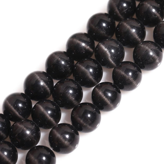 HAAMIIQII 45pcs 8mm Black Cat Eye Beads Round Loose Gemstone Beads for Jewelry Making Strand 15 Inch