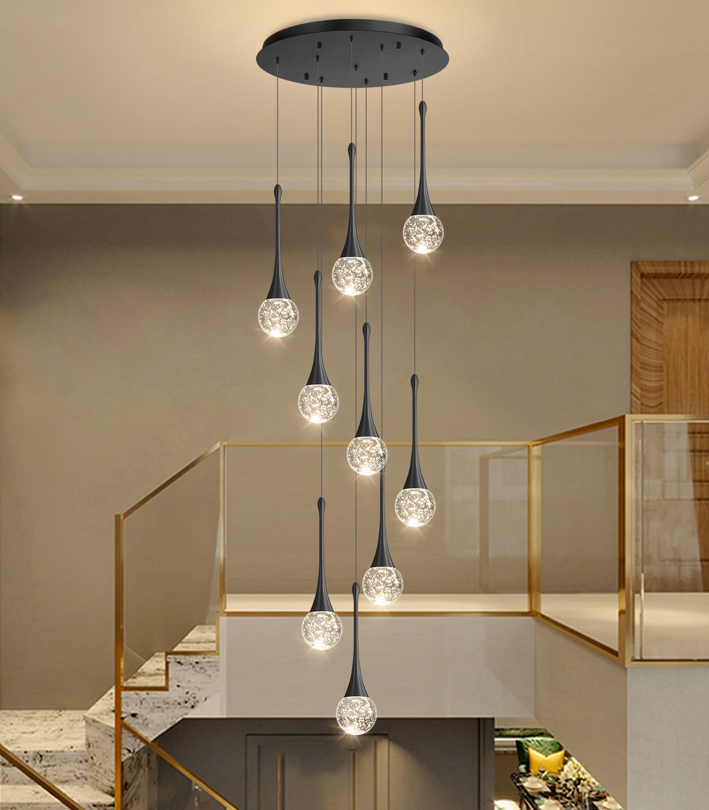 cenozo 9 Light Modern Glam Crystal Chandelier for High Ceiling LED Dimmable Ceiling Pendant Light Staircase Foyer Enterway Living Room Chandelier Lighting Antique Black