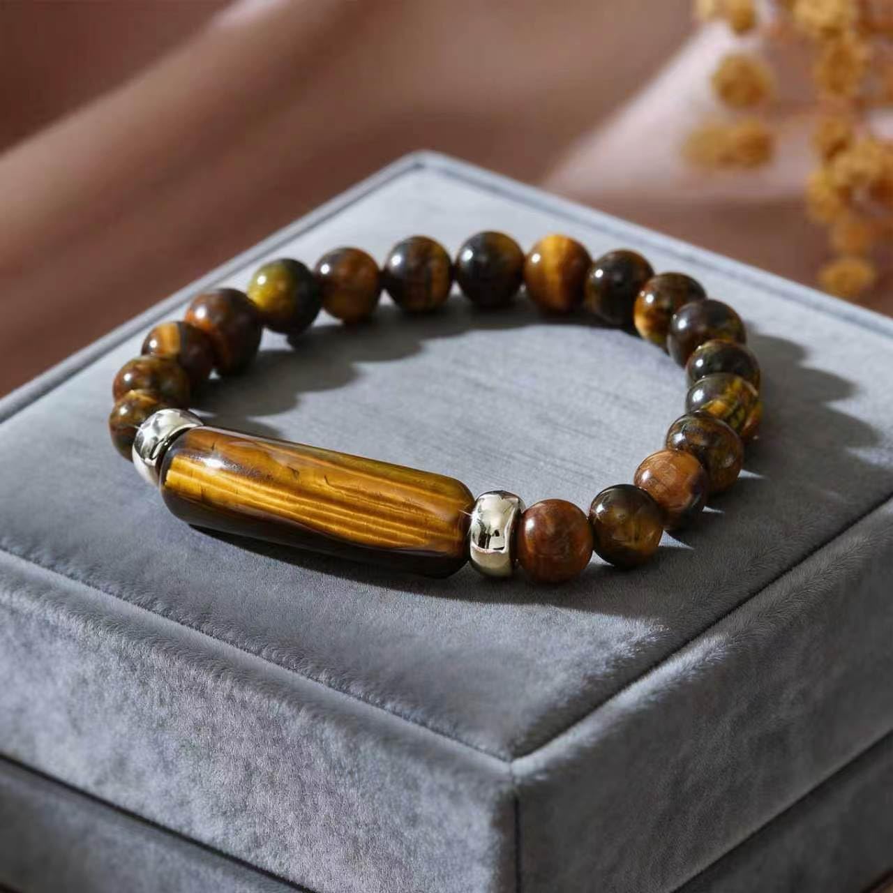 Kim Carrey Italian Tiger's Eye Mens Bracelet Stainless Steel Waterproof, Men's Bracelets Birthday Annivesary Gift for Him (Big Tiger's Eye Beads)