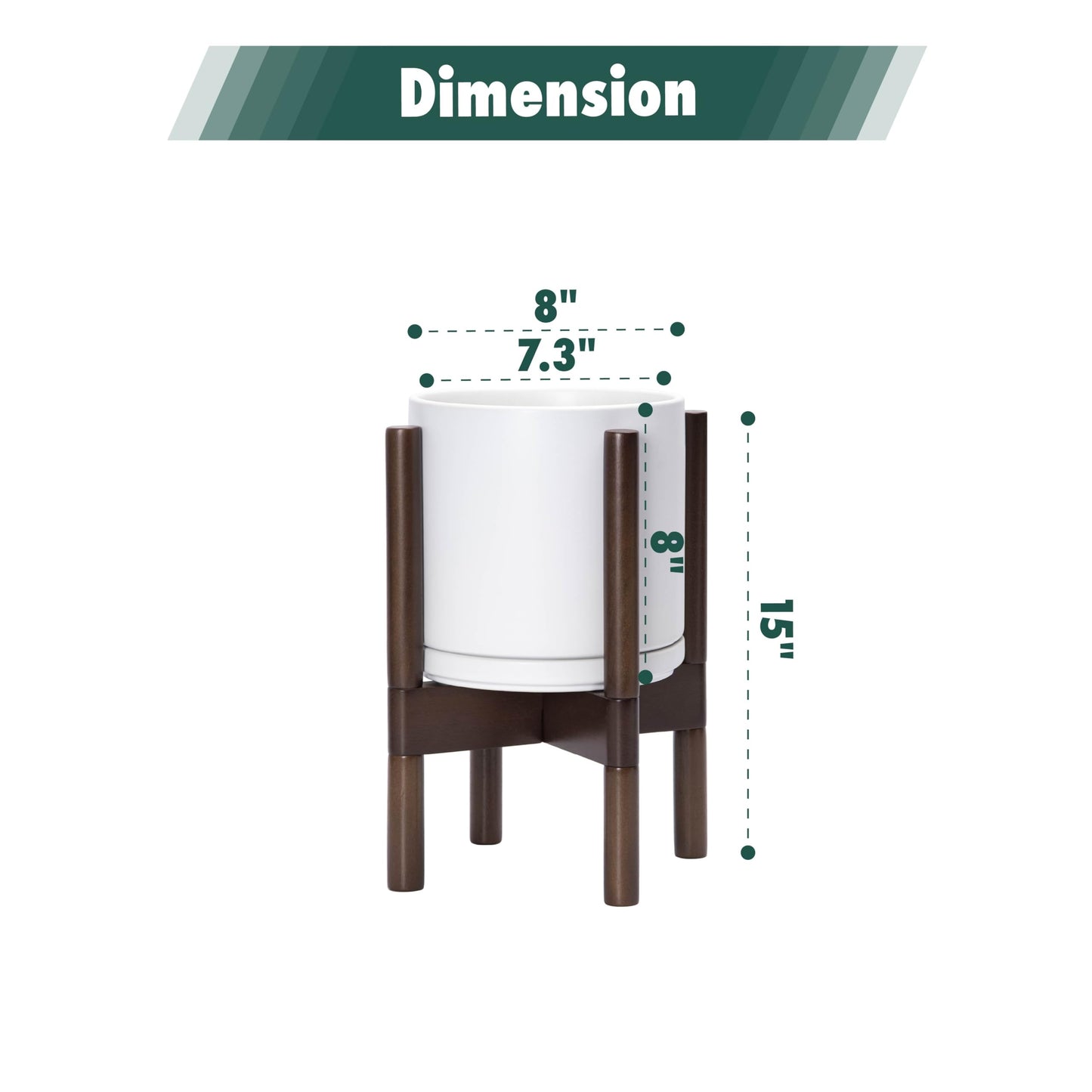 D'vine Dev Ceramic Planter with Walnut Color Stand - 8 Inch Modern Round Flower Pot with Wood Planter Holder, White, 55-B-Y-1