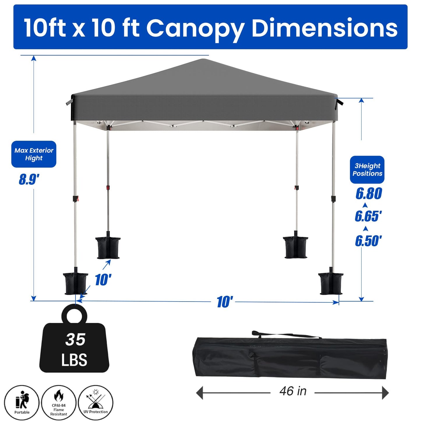 Pop Up Canopy Tent, 10x10 Outdoor Shade, One Push Instant Outdoor Canopy, Easy Set Up Tent, Portable Instant Beach Canopy Tents, Sun Shelter for Events, Parties, Camping