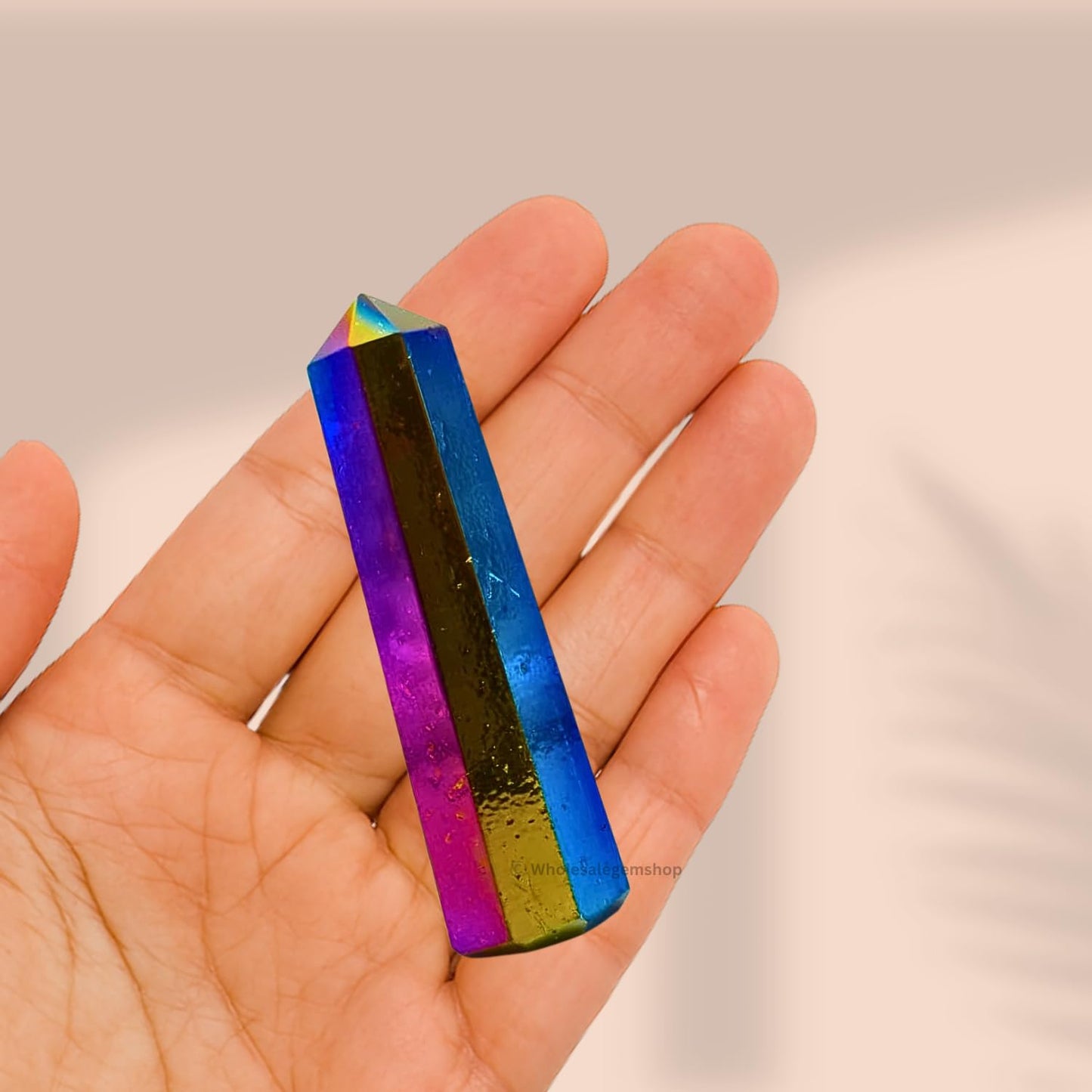 WholesaleGemShop 3 Inch Gemstones Titanium Aura Quartz Obelisk Tower Jumbo Facet Aura Rock Crystal Natural Polished Earth Wand Spirit