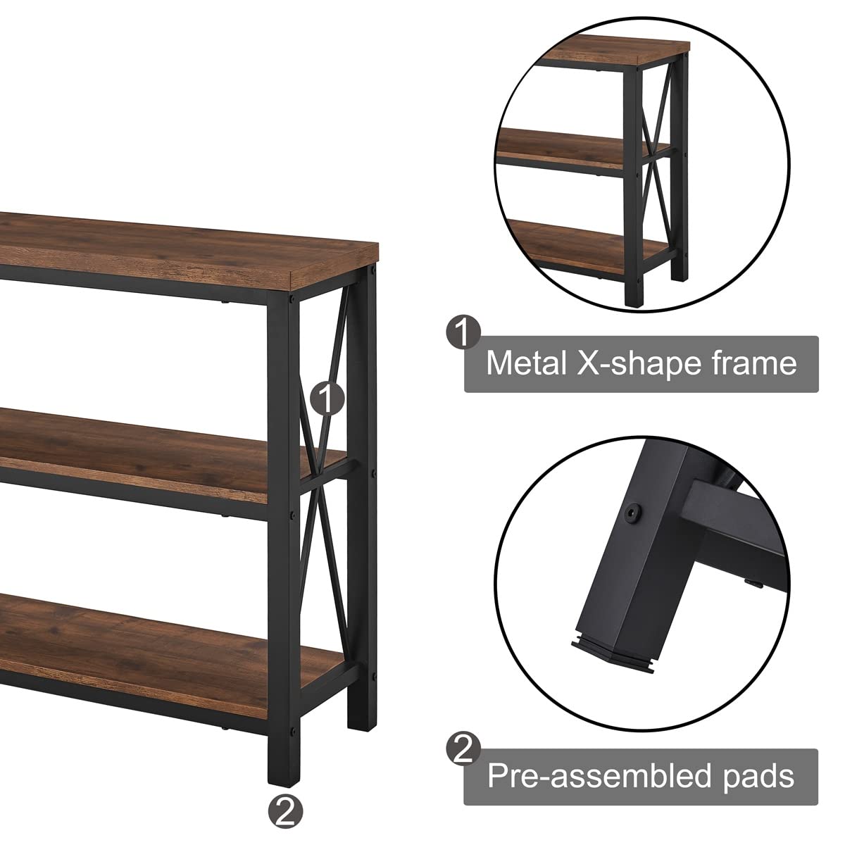 BON AUGURE Rustic Console Table Behind Couch, Industrial Entryway Table with Shelves, Farmhouse 3 Tier Sofa Tables for Living Room, Entry, Hallway (47 Inch, Rustic Oak)