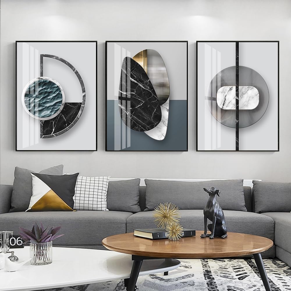 QKF Extra Large Frame Bright Geometry Abstract Canvas Wall Art Modern Home Living Room Bedroom Bathroom Wall Decor Poster & Prints Set of 3 Paintings 24"x 32" (Black Ash, 24" X 32" X 3 pieces)