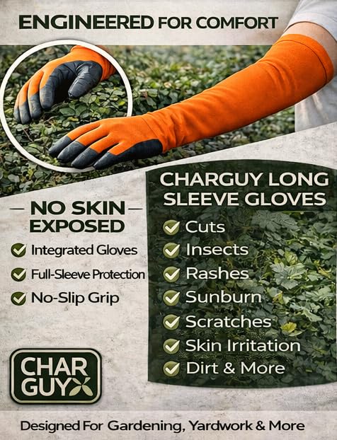 CHARGUY Long Sleeve Gardening Gloves Protection Sleeves No-Slip Grip, Durable Long Garden Gloves Flexible Sleeves, Women/Men (Orange, Small)