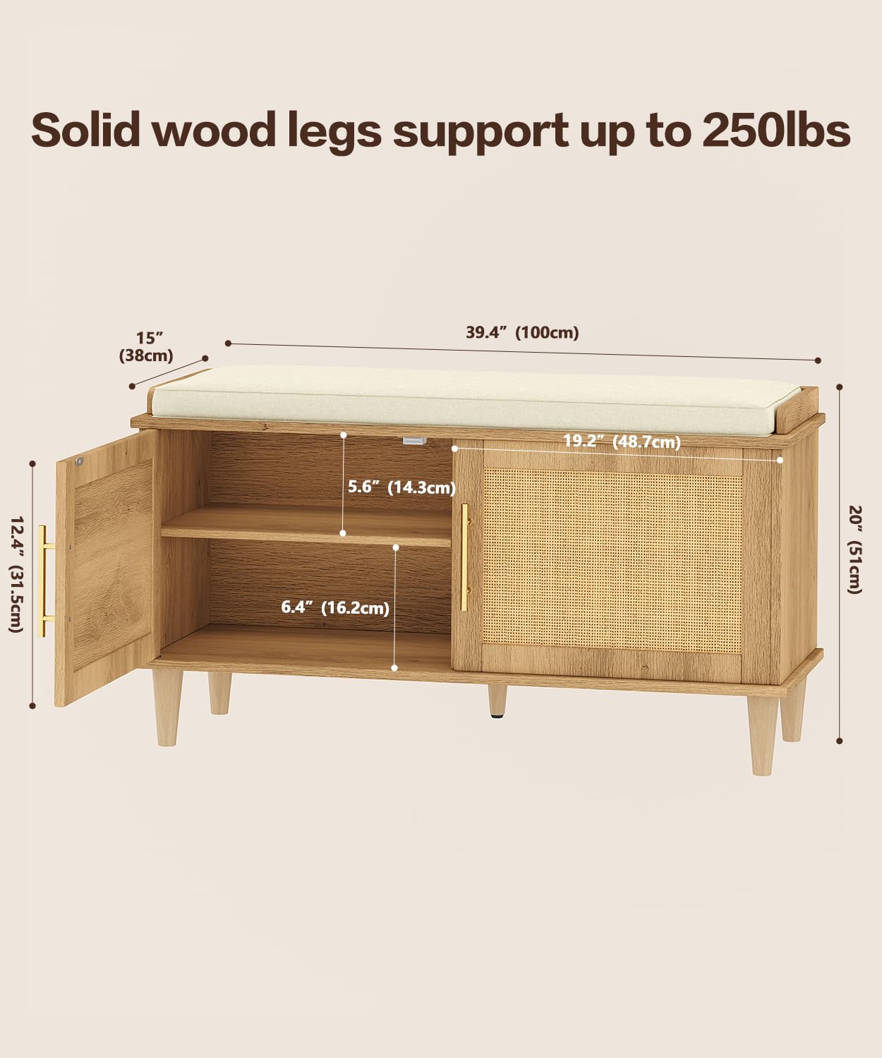 Akxomel Rattan Shoe Storage Bench with Cushion, 2-Tier Entryway Bench with Adjustable Shelves and 2 Doors, 15" D x 39.4" W x 20" H, Solid Wood Legs, for Hallway, Living Room, Bedroom, Natural Oak