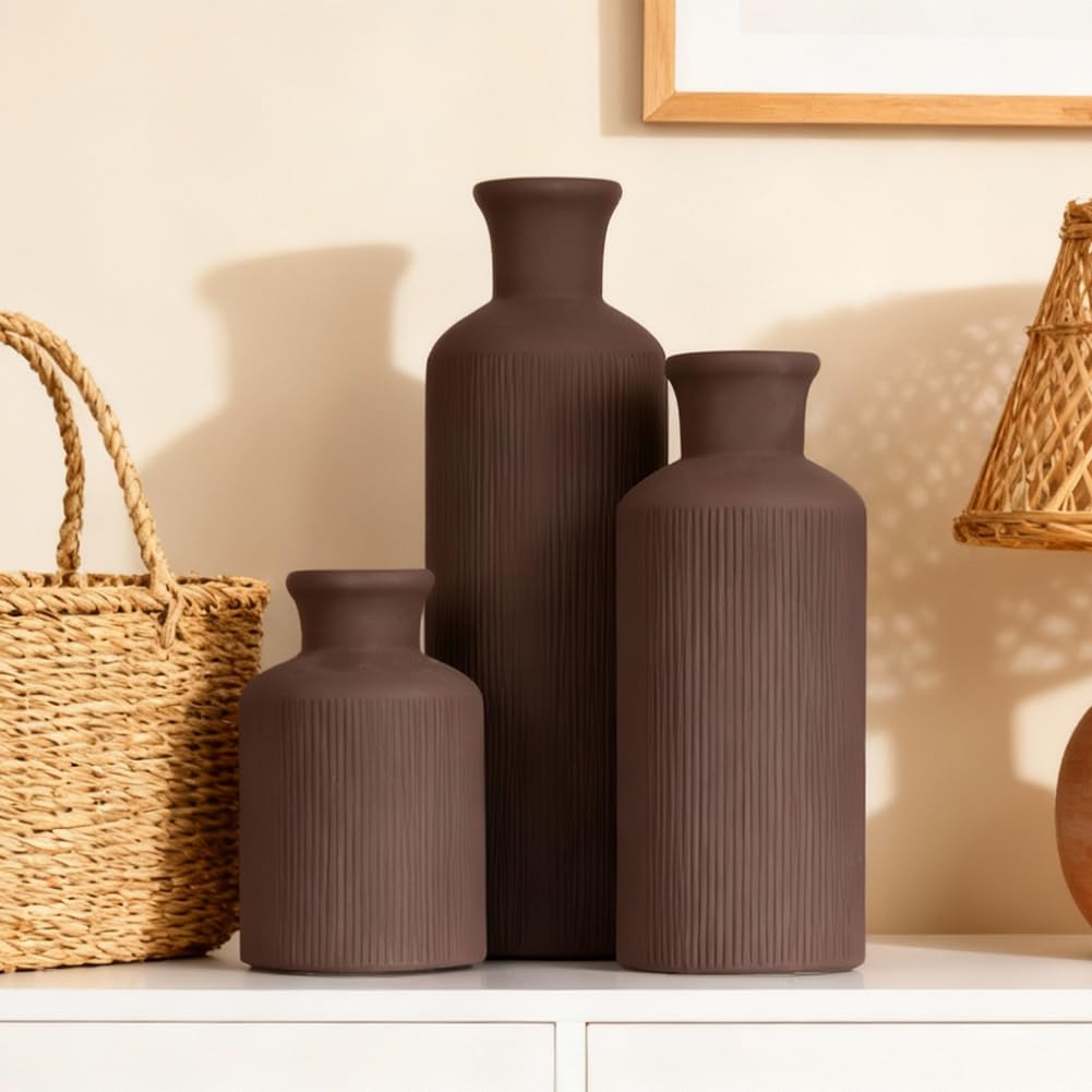 Brown Ceramic Vase Set of 3 – Small Flower Vases, Modern Farmhouse Boho Flower Vases for Home Decor, Rustic Pottery Vases for Centerpieces, Living Room, Shelf, Fireplace, Entryway Decor, Table