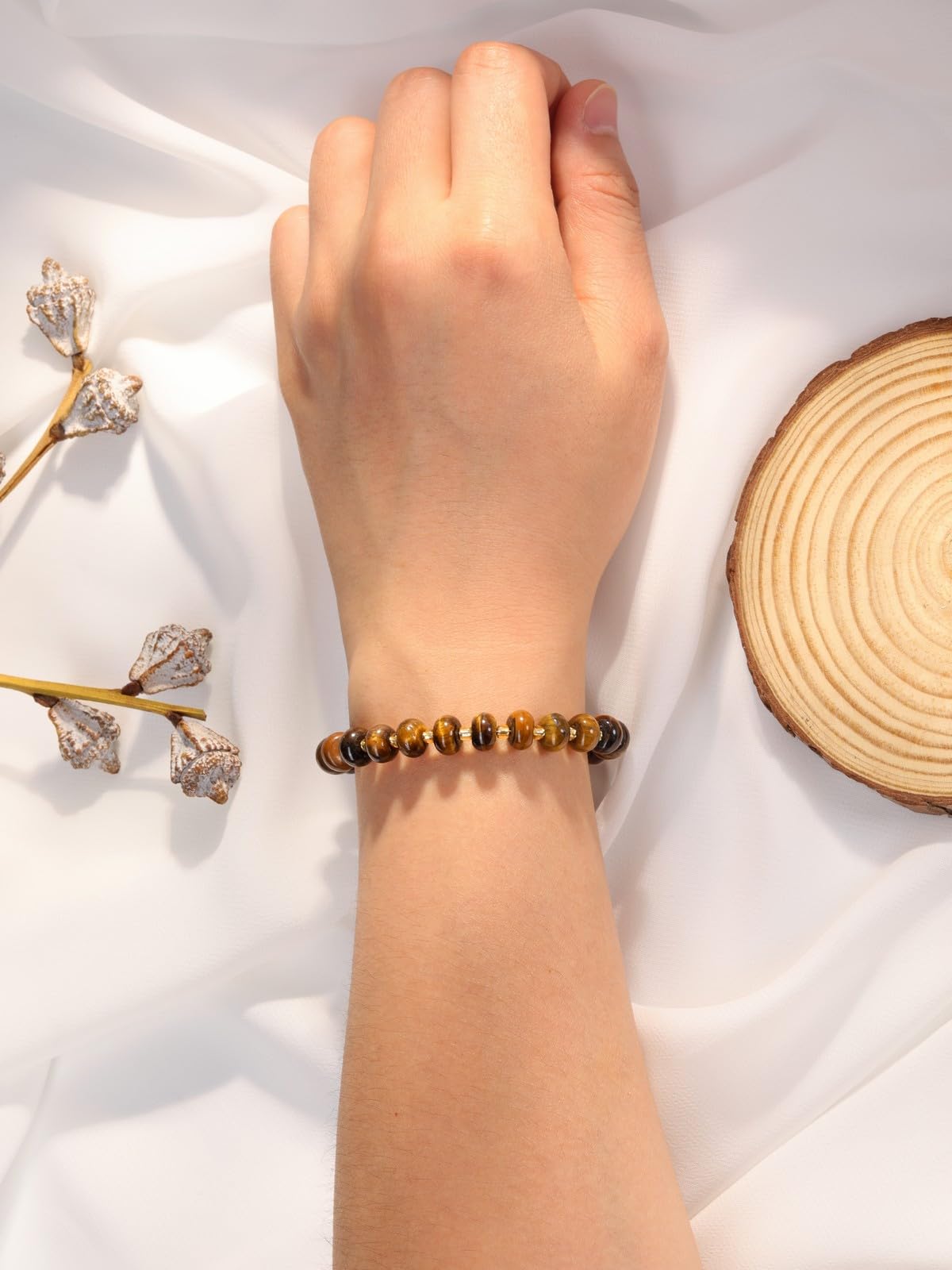 PESOENTH Tiger Eye Bracelet Women,Healing Crystal Natural Stone Brown Beaded Bracelets Tigers Eye Gemstone jewelry Gifts for Women Ladies
