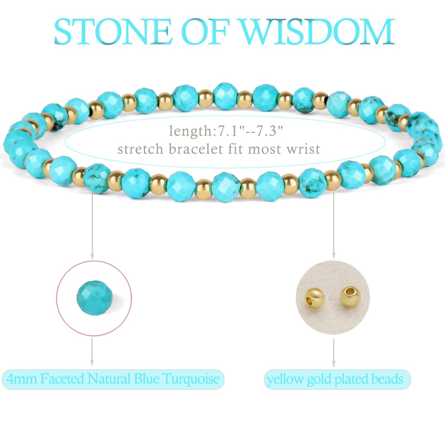 QOGIR Blue Turquoise - Stone of Wisdom - 14K Gold Plated Beads Natural Gemstone Stretch Elastic Dainty Healing Beaded Bracelets Gifts 4mm