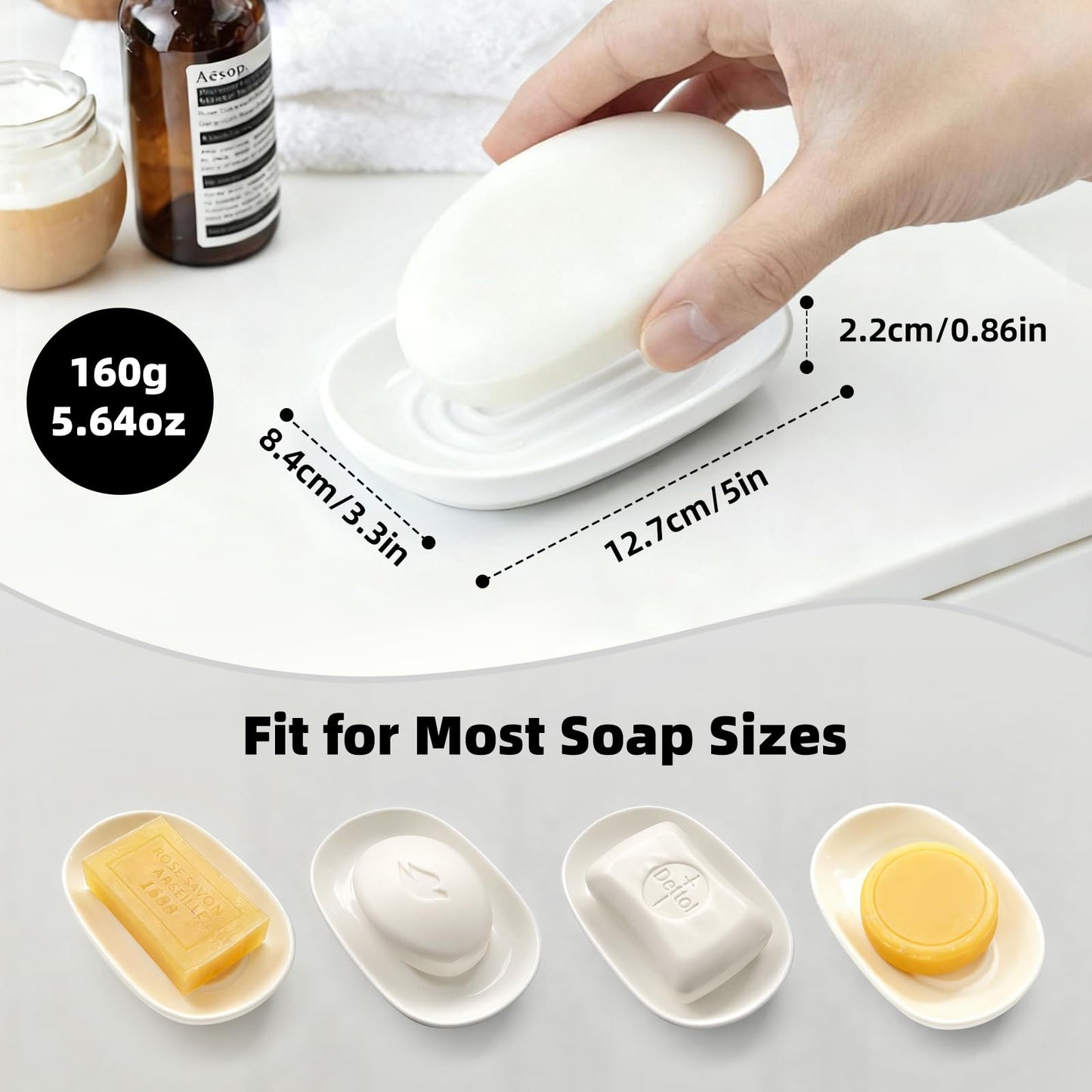Aenfaiy Ceramic Soap Dish for Bath Sink- Modern White Bar Soap Holder for Shower - Easy to Clean Multi-Purpose Oval Soap Dishes for Soap Bar, Sponges, Jewelry, Small Items | Fits Bathroom & Kitchen