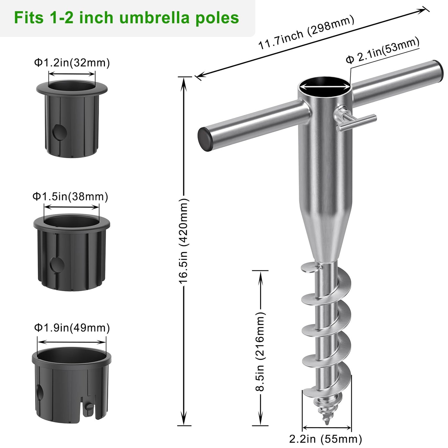 Lifeswell Beach Umbrella Sand Anchor, Heavy Duty Screw Anchor for Sand & Grass, Portable In-Ground Windproof Base with 3 Sleeve Design, Fully Welded Holder Fits 1" to 2" Outdoor Umbrella Poles, 2 Pack