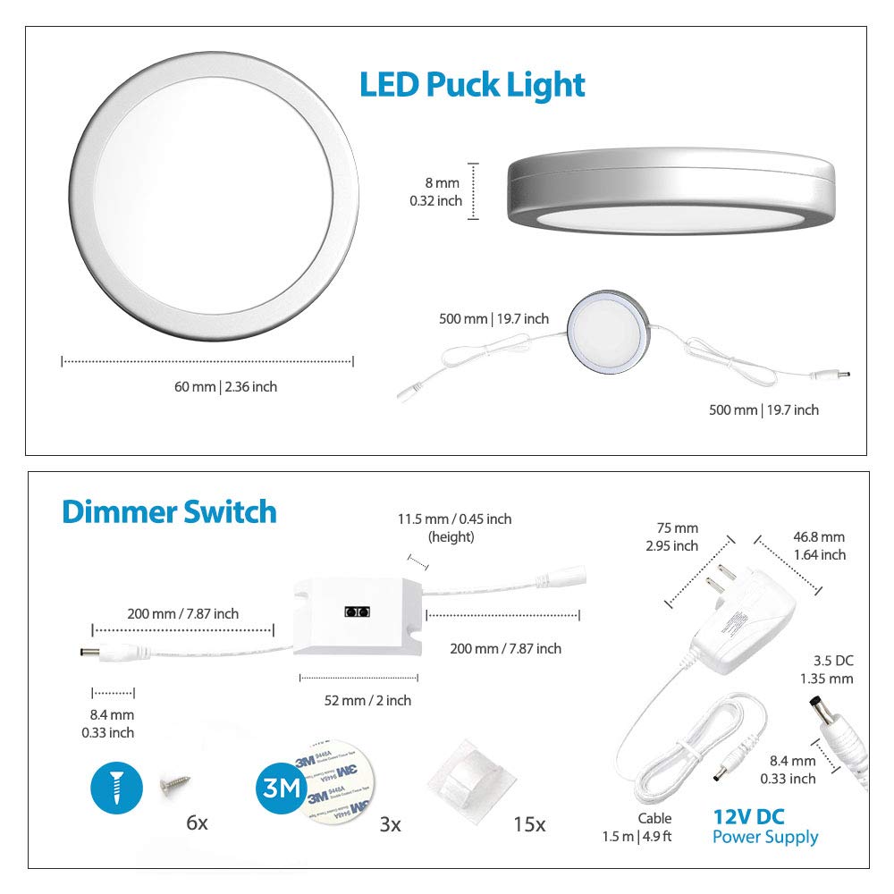 EShine Under Cabinet Puck Lights with Hand Wave Sensor – Circular LED Cabinet Lights – Dimmable – Pack of 3, Cool White (6000K)