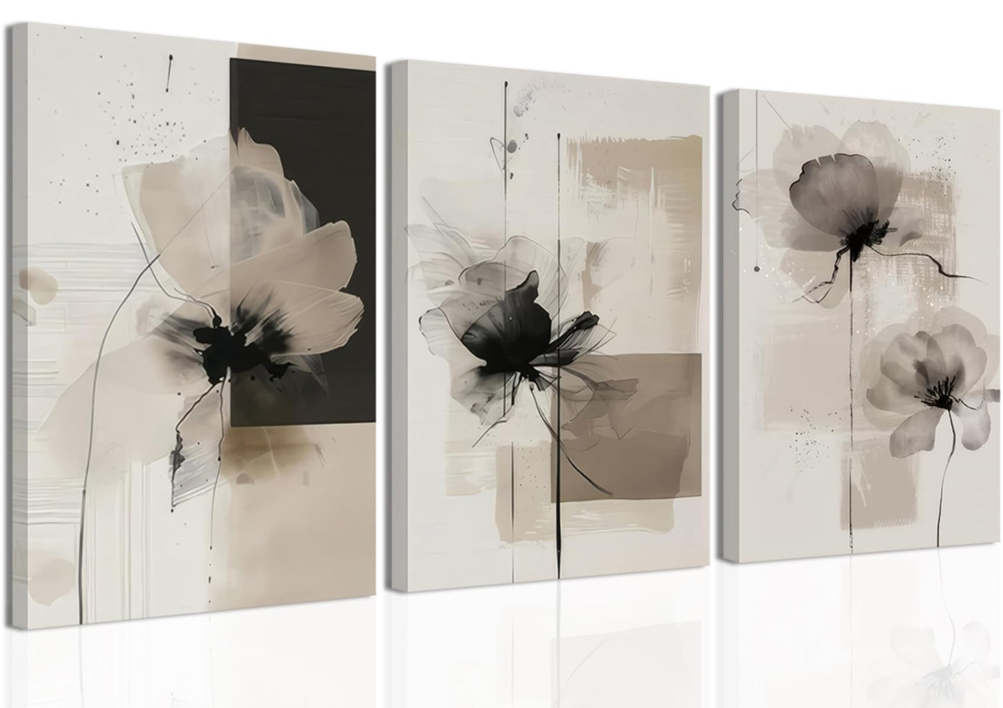 Neutral Abstract Floral Canvas Wall Art Modern Large Minimalist Wall Decor Contemporary Beige Black Flower Posters Prints Picture for Living Room Bedroom Bathroom Office 12x16 In Framed