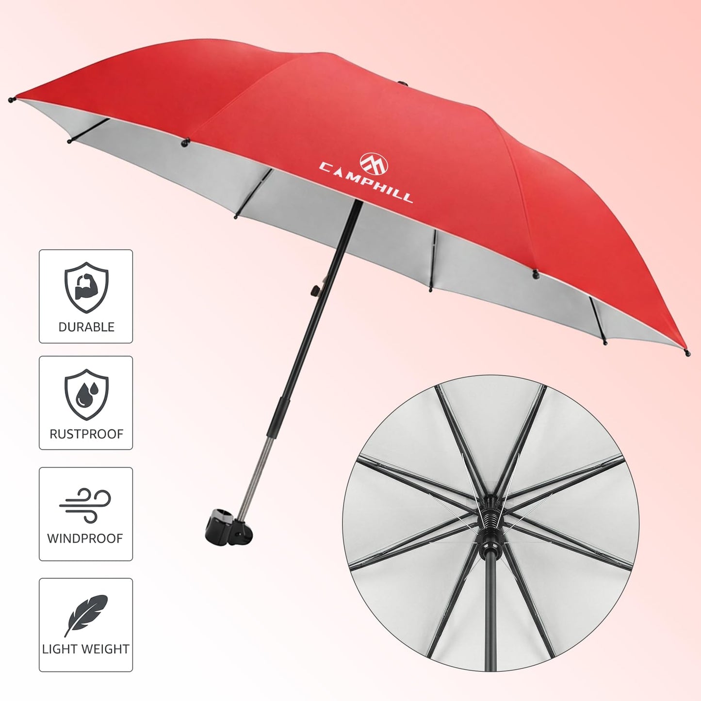 CAMPHILL 2 Pack Beach Umbrella with Clamp Sun Shade,Adjustable Umbrellas with Clip,UPF50+ Sunshade for Beach Chair,Stroller,Fishing,Camping,Patio,Wheelchair,Golf Carts,Red