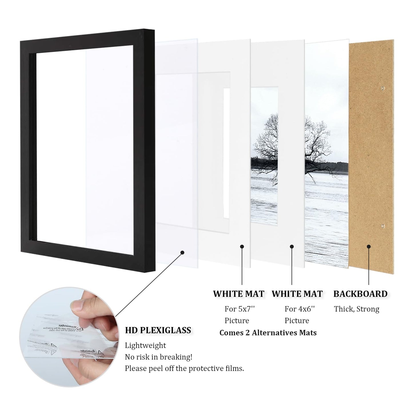 Egofine 8x10 Picture Frames Set of 4, Made of Solid Wood Covered by Plexiglass 4x6 and 5x7 with Mat or 8x10 without Mat, for Table Top Display and Wall Mounting Photo Frame Black
