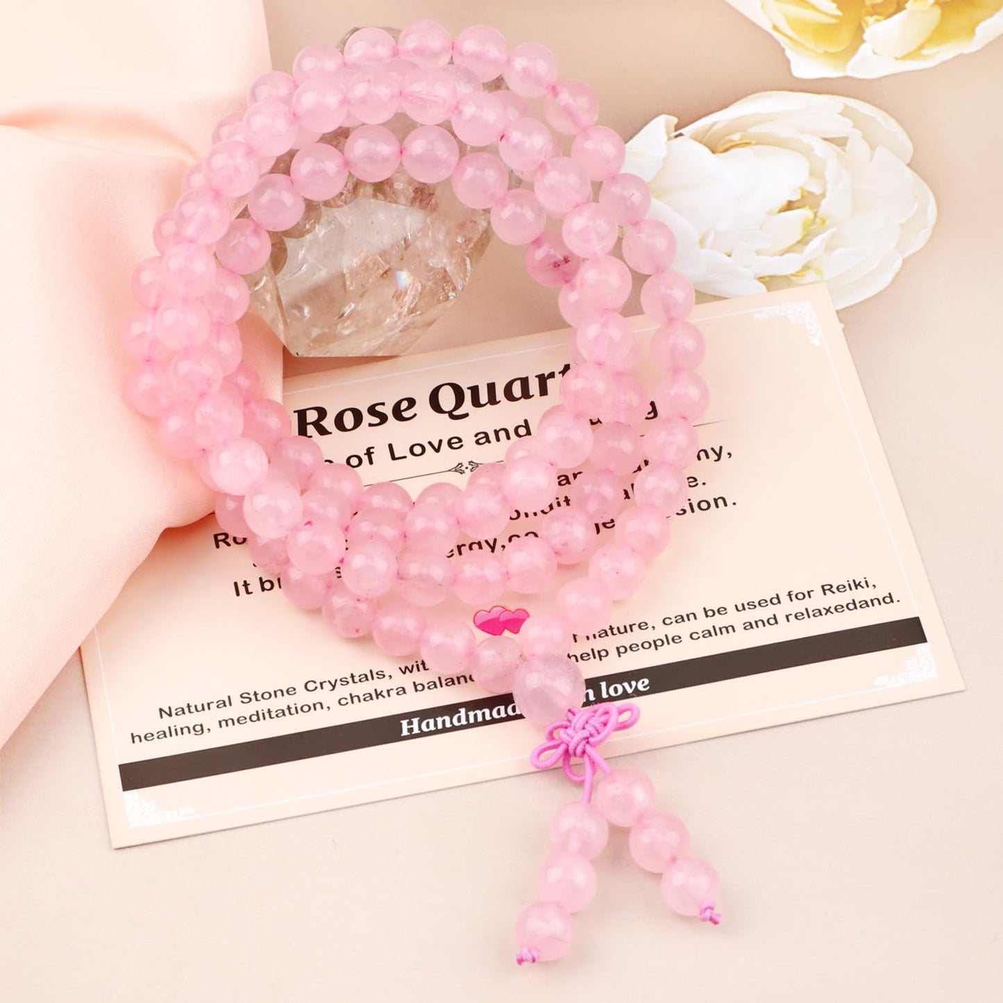 AD Beads 8mm 108 Prayer Mala Rose Quartz Elastic Bracelet - Love and Courage - Handmade Yoga Meditation Healing Power Energy Gifts for Unisex Adult.