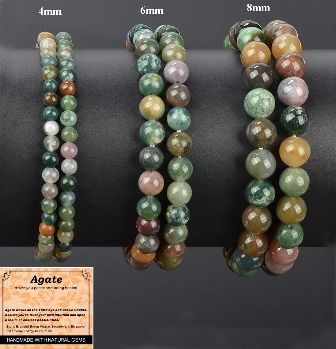 MASSIVE BEADS Indian Agate - Stone of Peaceful - Handmade Yoga Stretch Elastic Bracelet Natural Stone Crystal Healing Power Energy Gifts for Unisex Adult 4mm