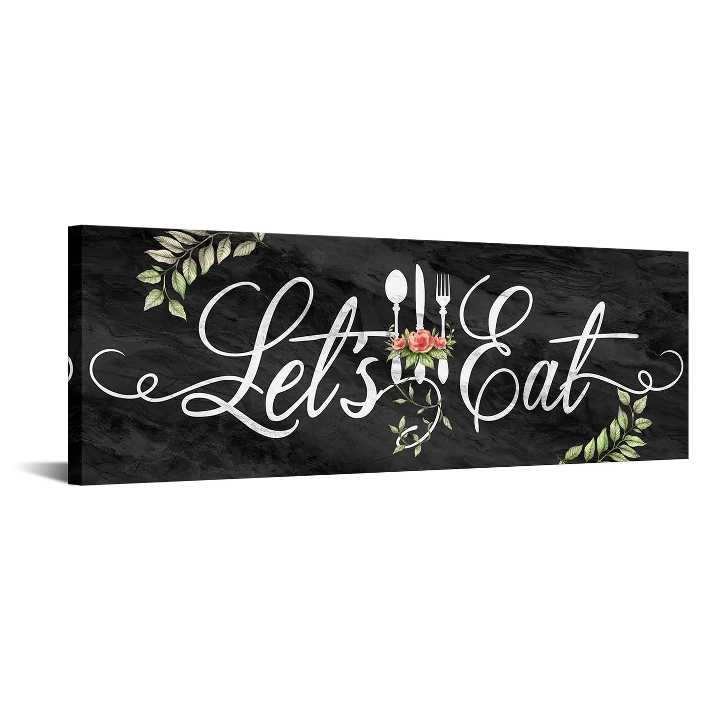 KREATIVE ARTS Farmhouse Kitchen Wall Art - Let's Eat Sign Poster - Black Marble Canvas Prints - Ready to Hang 12x36'' Painting for Dining Room and Kitchen Decor
