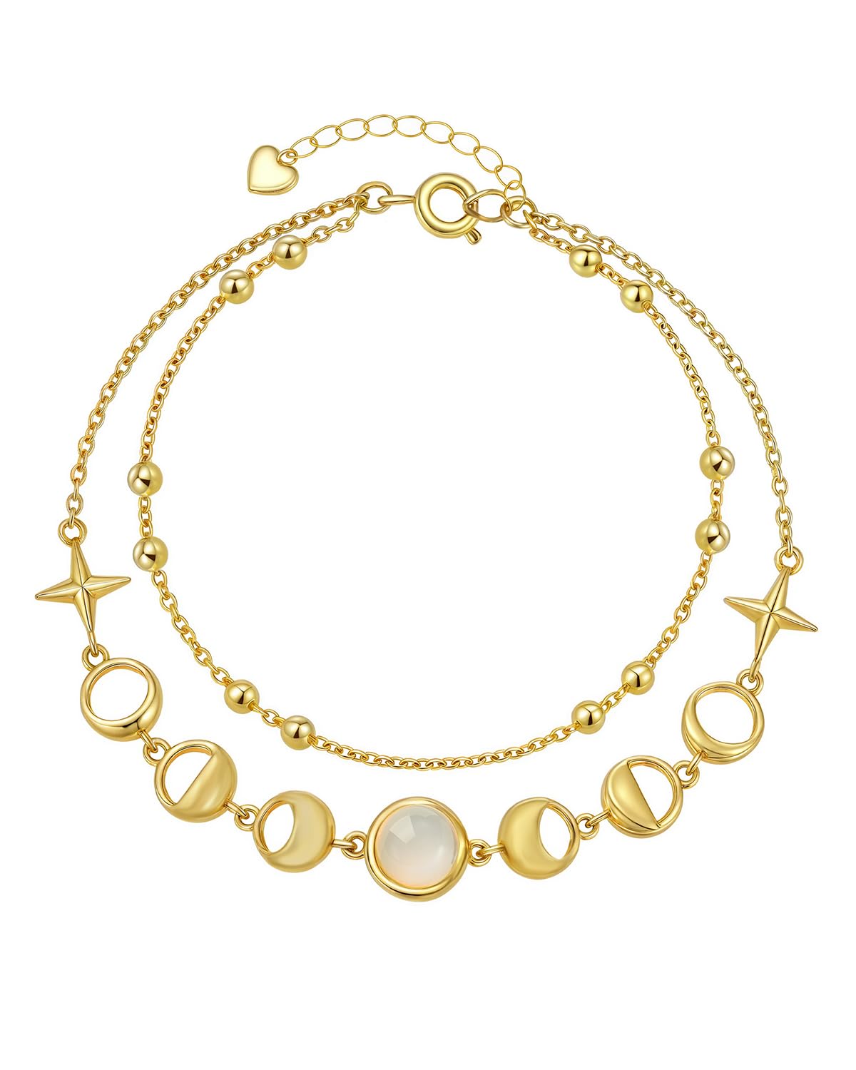 Moonstone Moon Phase Link Bracelet for Women, 14K Gold Plated Celestial New Full Moon Lunar Charm Double Layered Chain Gift for Birthday Christmas Boho Spiritual Jewelry for Wife Girlfriend Daughter
