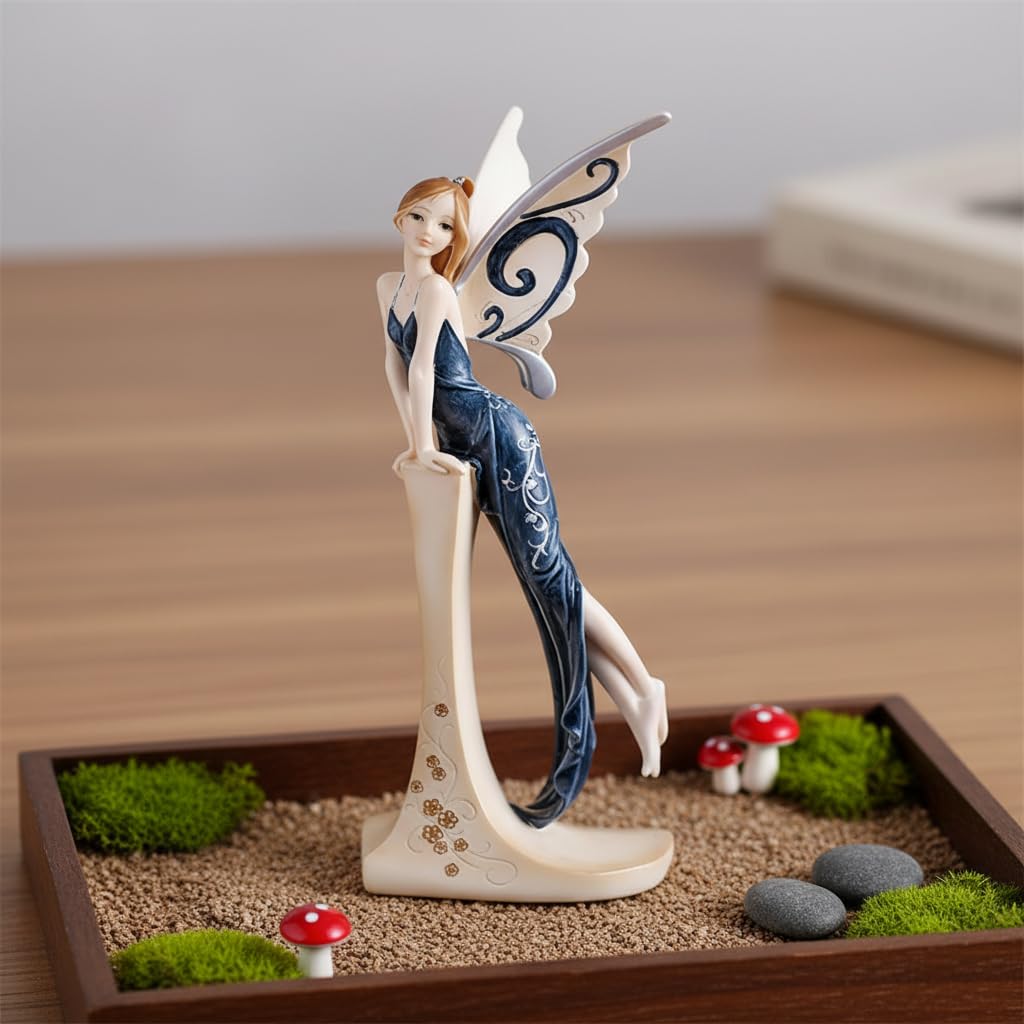 Comfy Hour 7" Standing Fairy Figurine, Elegant Woman Statue in Dark Blue Gown, Sophisticated Fairyland Desktop Decor Accent, Stone Resin Artisan Crafted Sculpture, 1 Unit