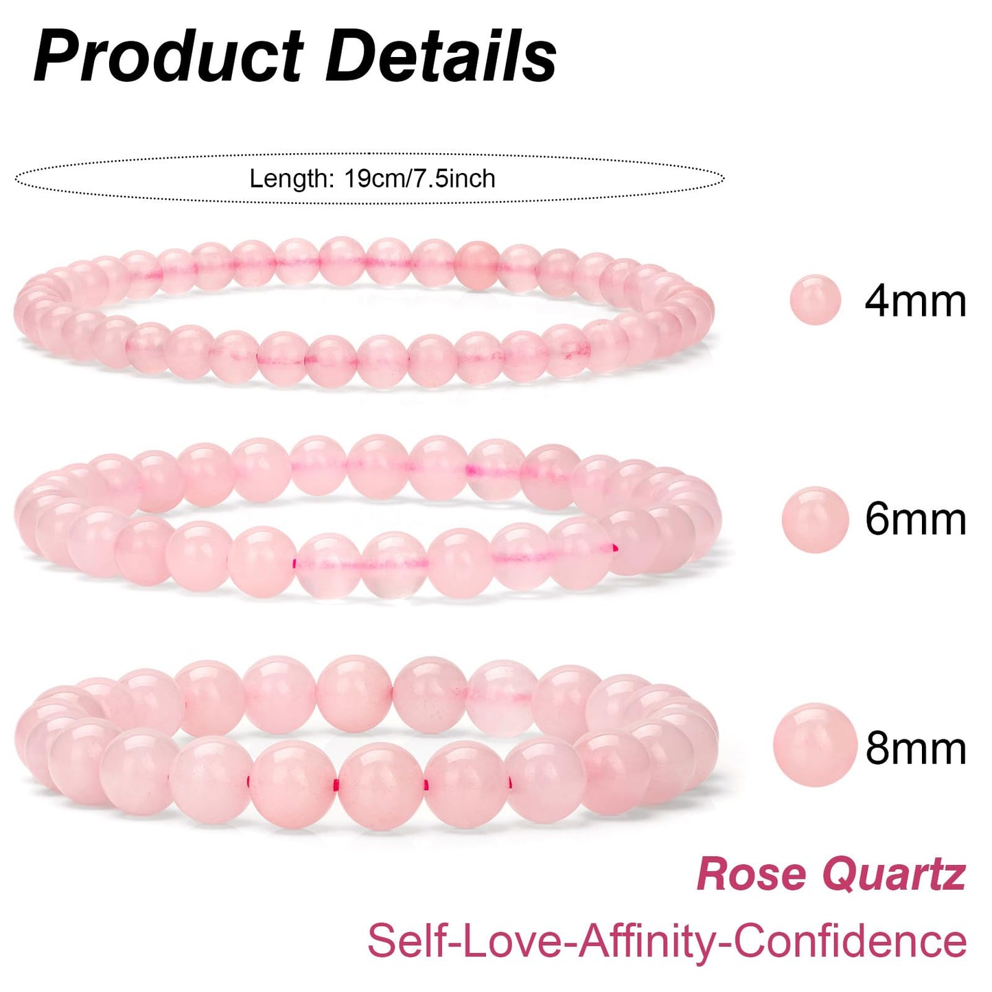 Bolinailo 3Pcs Natural Healing Crystal Bracelets for Women Men, 4mm 6mm 8mm Beaded Stretch Bracelet Set, Rose Quartz Natural Stone Gemstone Jewelry Gifts for Meditation, Reiki & Yoga