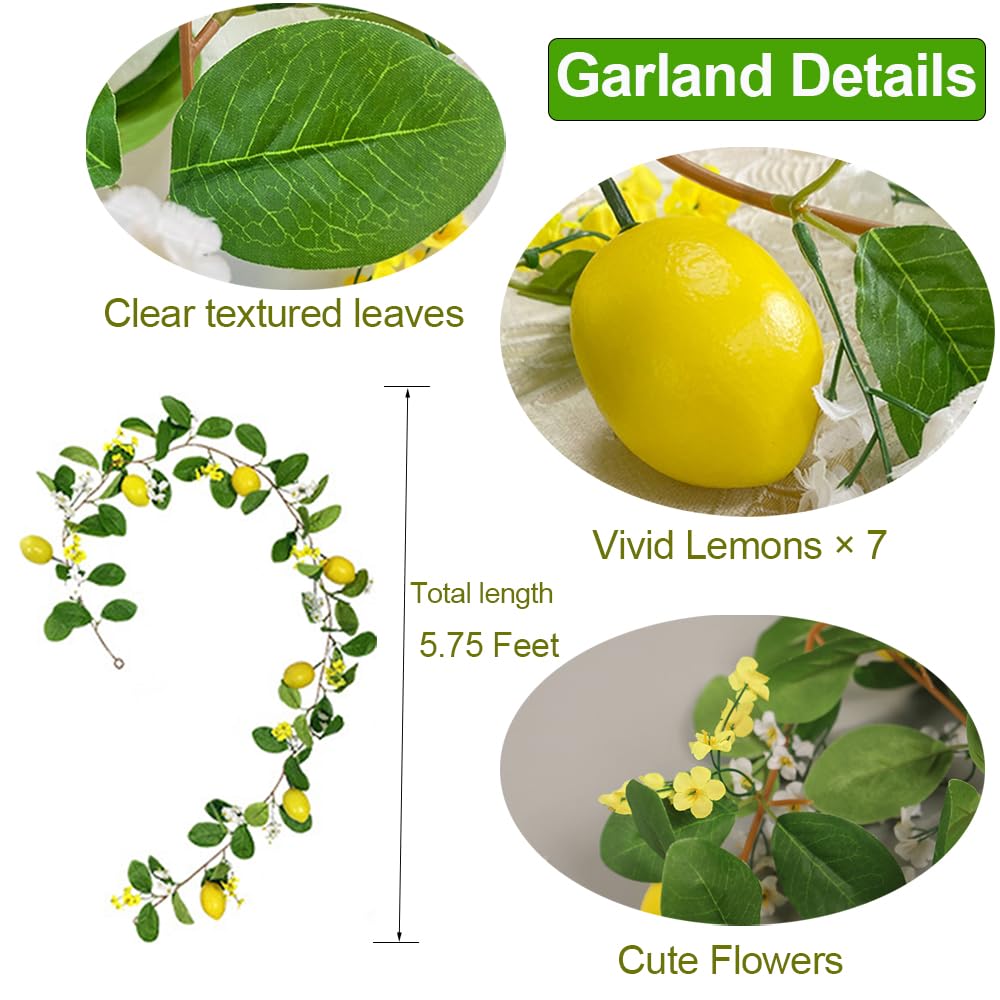 Hamifinee 2Pcs Artificial Lemon Garland Spring Summer Greenery Vine Garlands with Lemons Dense Flowers Fairy Light Battery Powered for Door Wall Mantle Wedding Party Table Christmas Decorations