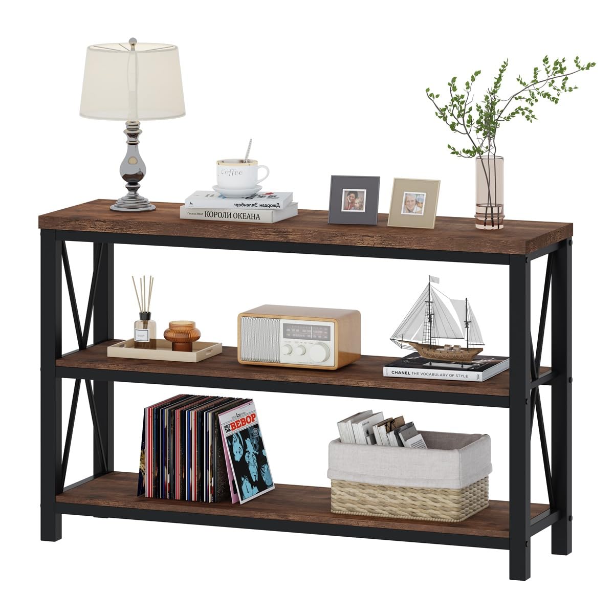 BON AUGURE Rustic Console Table Behind Couch, Industrial Entryway Table with Shelves, Farmhouse 3 Tier Sofa Tables for Living Room, Entry, Hallway (47 Inch, Rustic Oak)