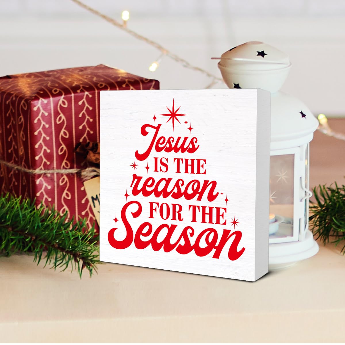 Mukjyuyi Rustic Christmas Wooden Box Sign, 5 x 5 Inches, Jesus Is the Reason for the Season, Christmas Decorative Sign for Home, Office, Bedroom