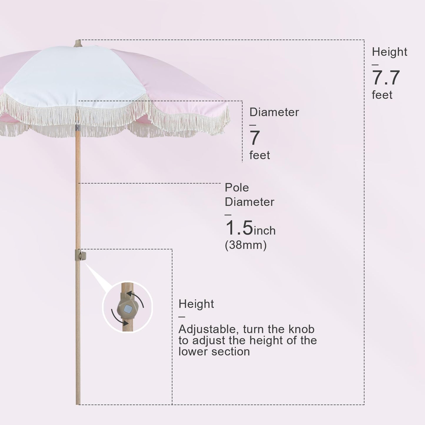 Tempera 7ft Boho Beach & Patio Umbrella with Fringe, Market Umbrellas with UPF 50+ UV & Water-Resistant Canopy, 1.5" Wood Pole & Button Tilt.