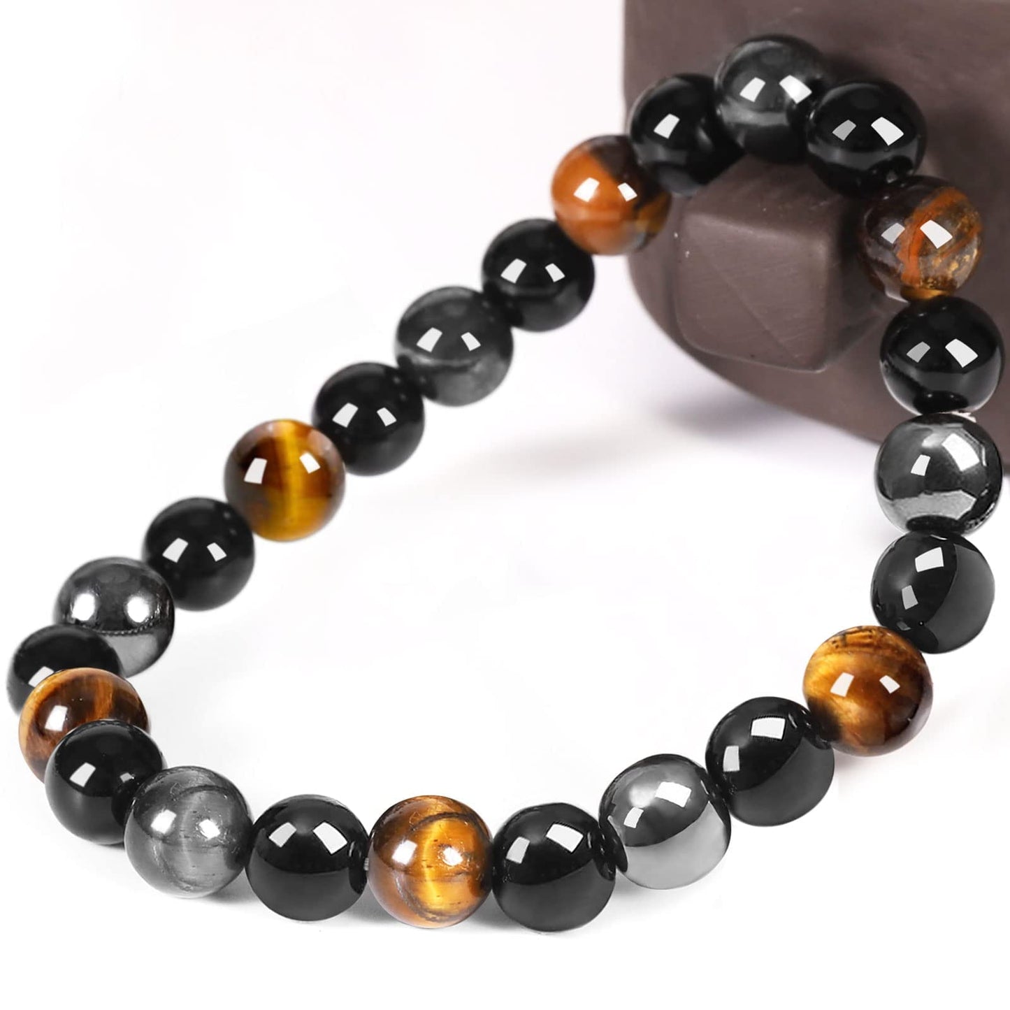 Denchy Triple Protection Bracelet, Tigers Eye - Black Obsidian and Hematite Beaded Bracelets for Men Women, Tourmaline Spiritual Natural Crystal Stone Luck Bracelet, Birthday Mother's Day Gift (8mm)