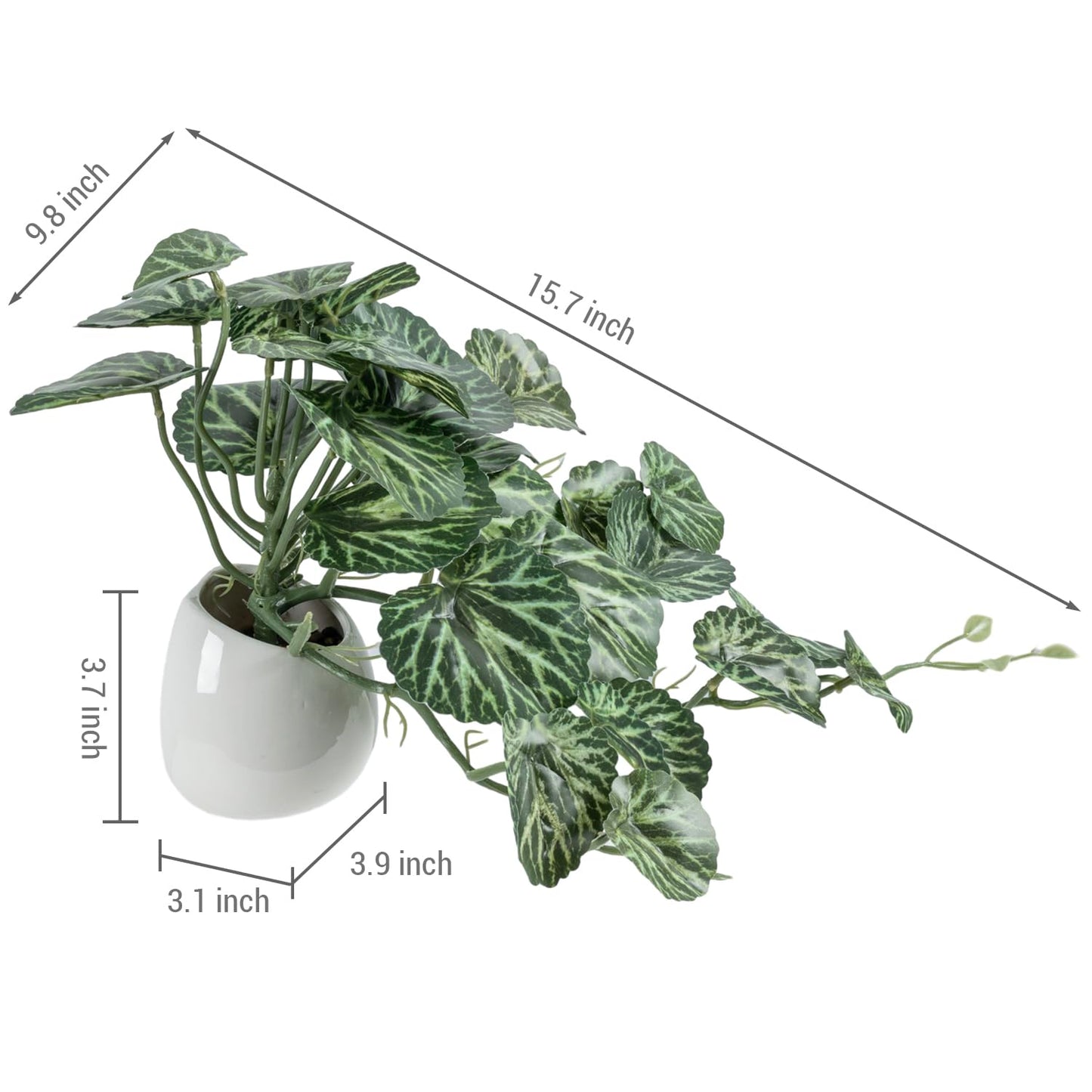 MyGift Single Wall Mounted Artificial Green Leafy Draping Plant Potted in White Ceramic Pot, Faux Begonia Imperialis X Pustulata Decorative Hanging Planter with Trailing Leaves