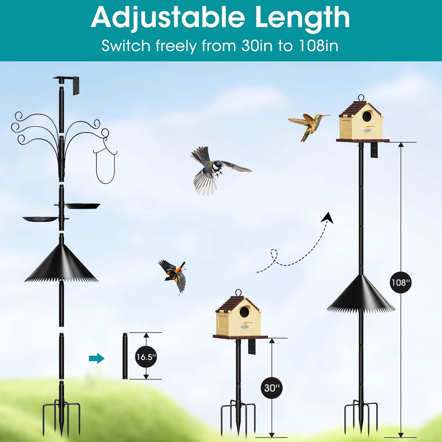 MQHUAYU 108 Inch Bird Feeder Pole Squirrel Proof, Heavy Duty Bird House Pole, Adjustable Bird Feeder Stand with 5 Shepherds Hooks, 2 Mental Trays, Hummingbird Swing