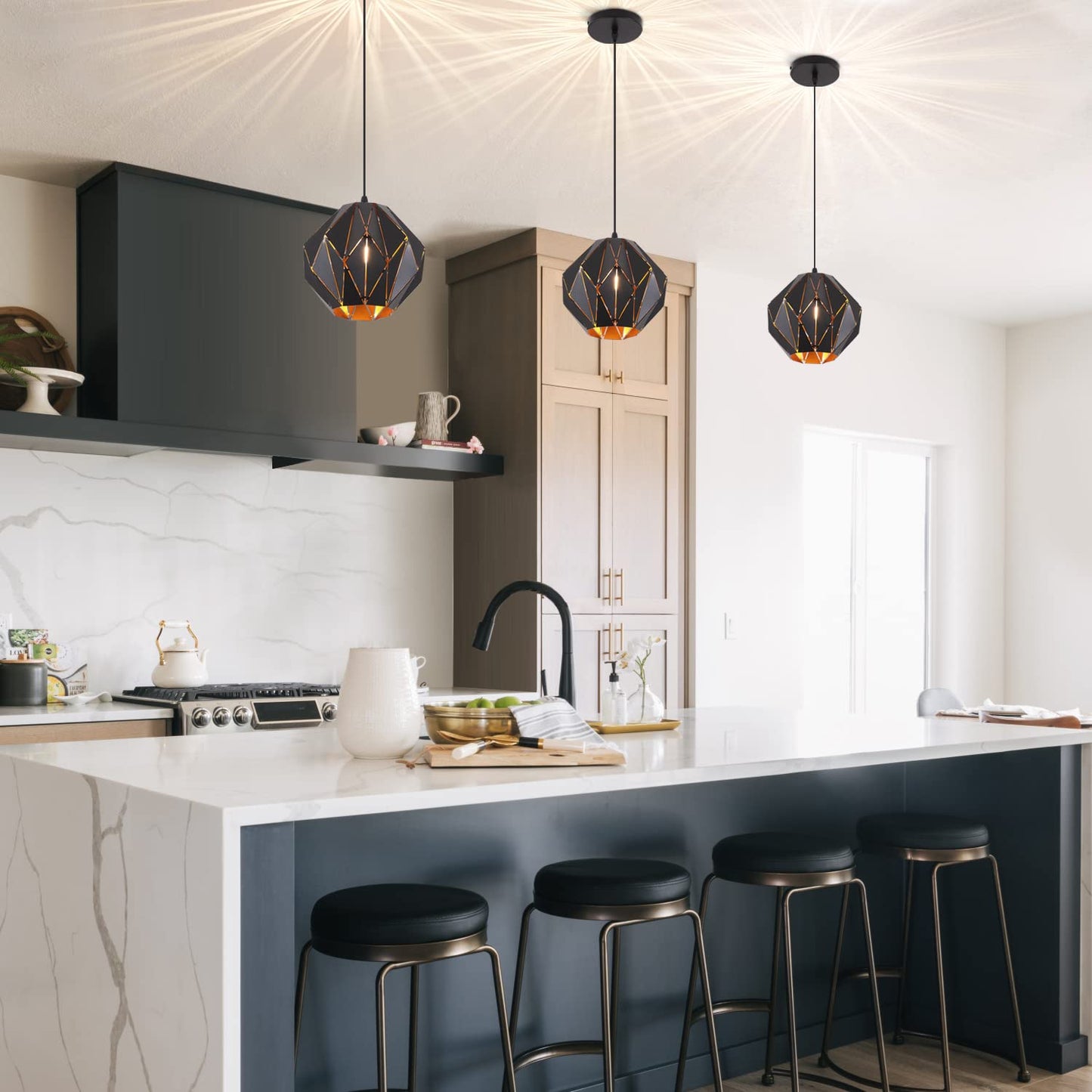 baunoisk Pendant Light Industrial Vintage Pendant Lamp Retro Farmhouse Ceiling Hanging Light Fixture Black Metal Creative Geometric Diamond Shade Pendant Lighting for Kitchen Island