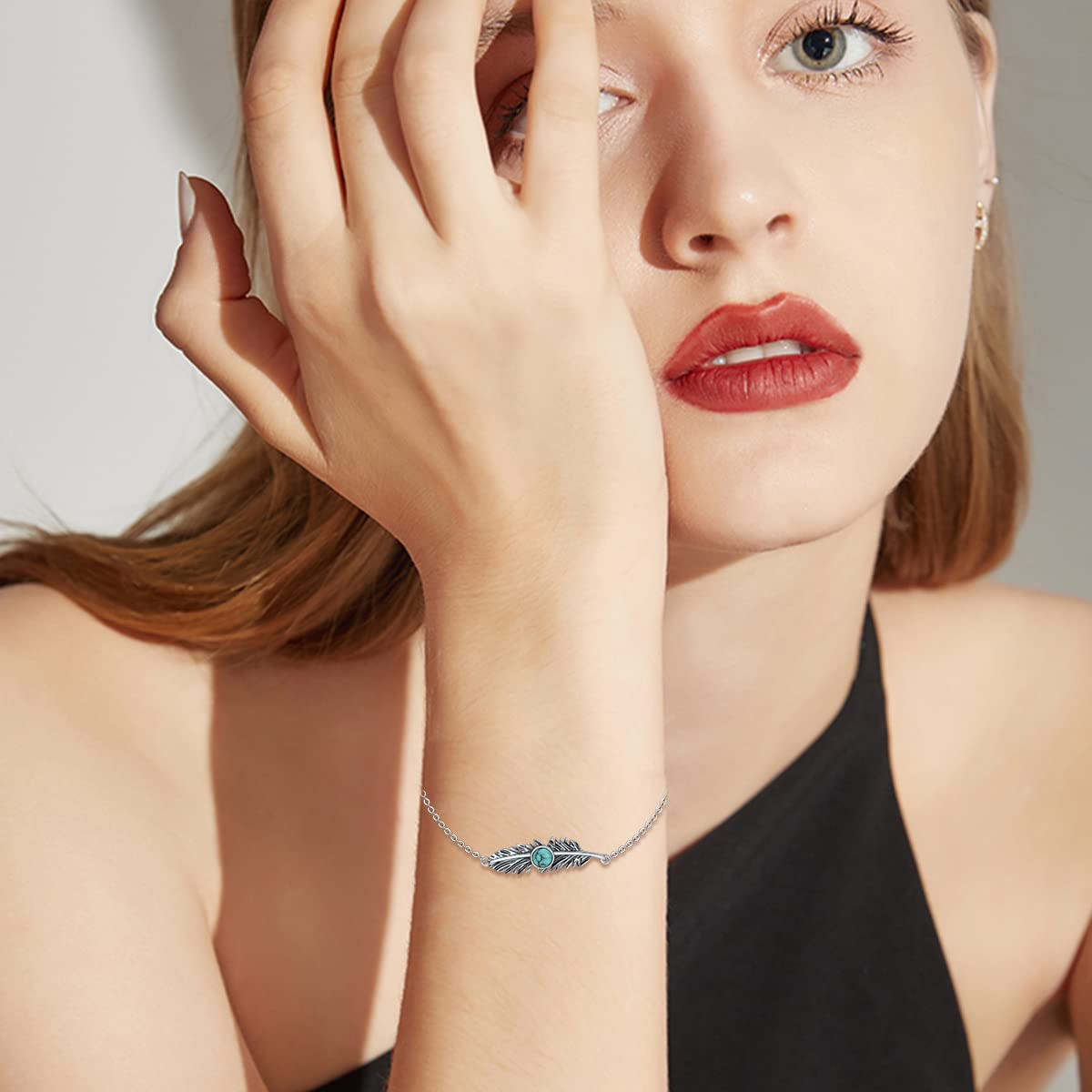 BETHZA Feather Turquoise Bracelet for Women Sterling Silver Genuine Turquoise Gemstone Link Adjustable Bracelet Navajo Jewelry Gift for Birthday Mothers Day (7+2")
