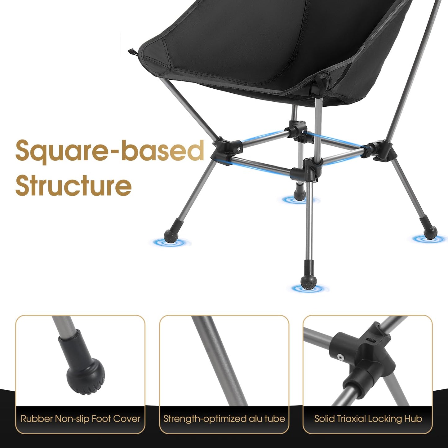 Camptime Portable Camping Chair Plus, Larger & Roomier, Compact and Lightweight, Folding Chair for Backpacking & Hiking, 330Lbs Capacity, Black
