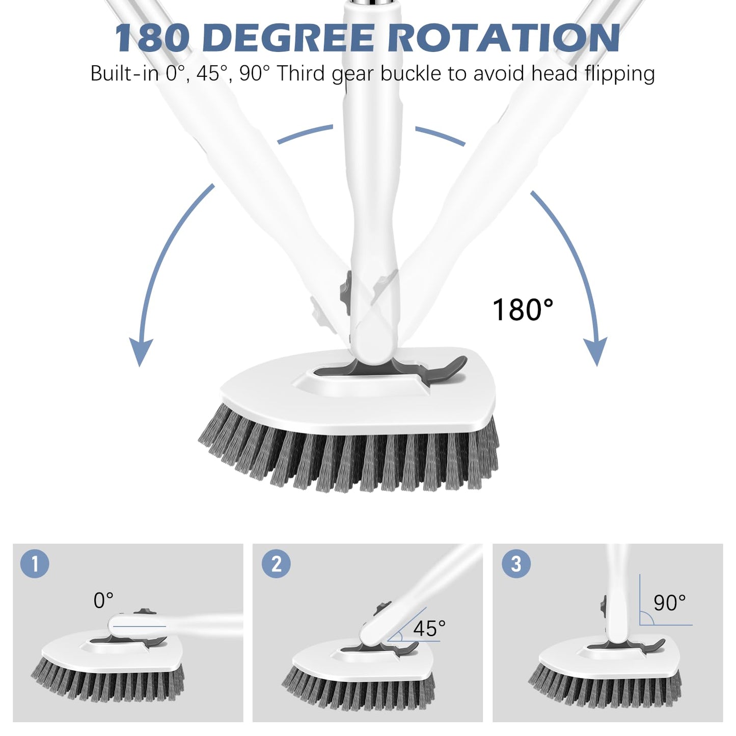 SetSail Floor Scrub Brush, 3-in-1 Tile Tub Floor Scrubber with 52-inch Adjustable Long Handle Shower Cleaner Brush and 4 Detachable Replacement Brush Heads for Cleaning Bathroom Tub Tile, White Grey