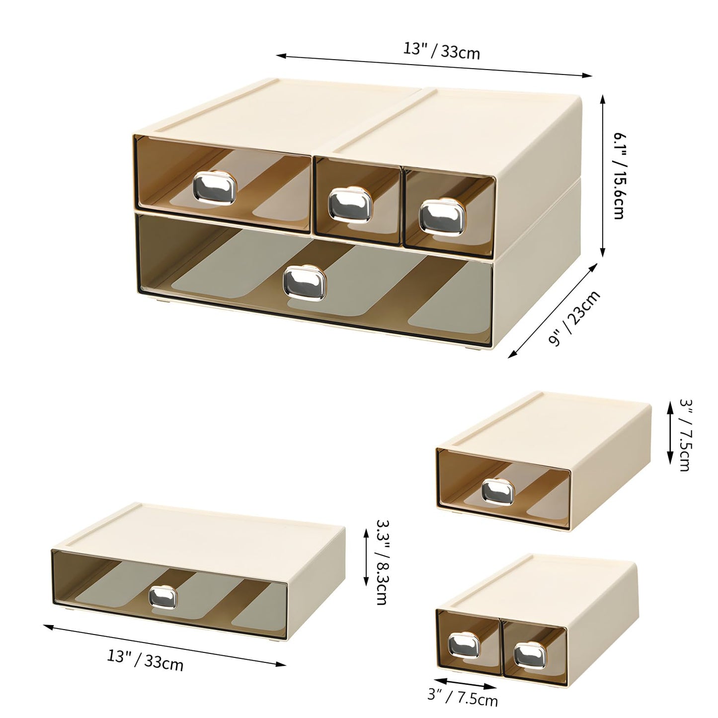 OSteed Spacious Desktop Storage Box, 1 Large 1 Middle & 2 Small Storage Drawers, Stackable Office Desk Drawer Organizer and Accessories, Printer Paper Organizer, Cream Plastic Drawers for Workspace