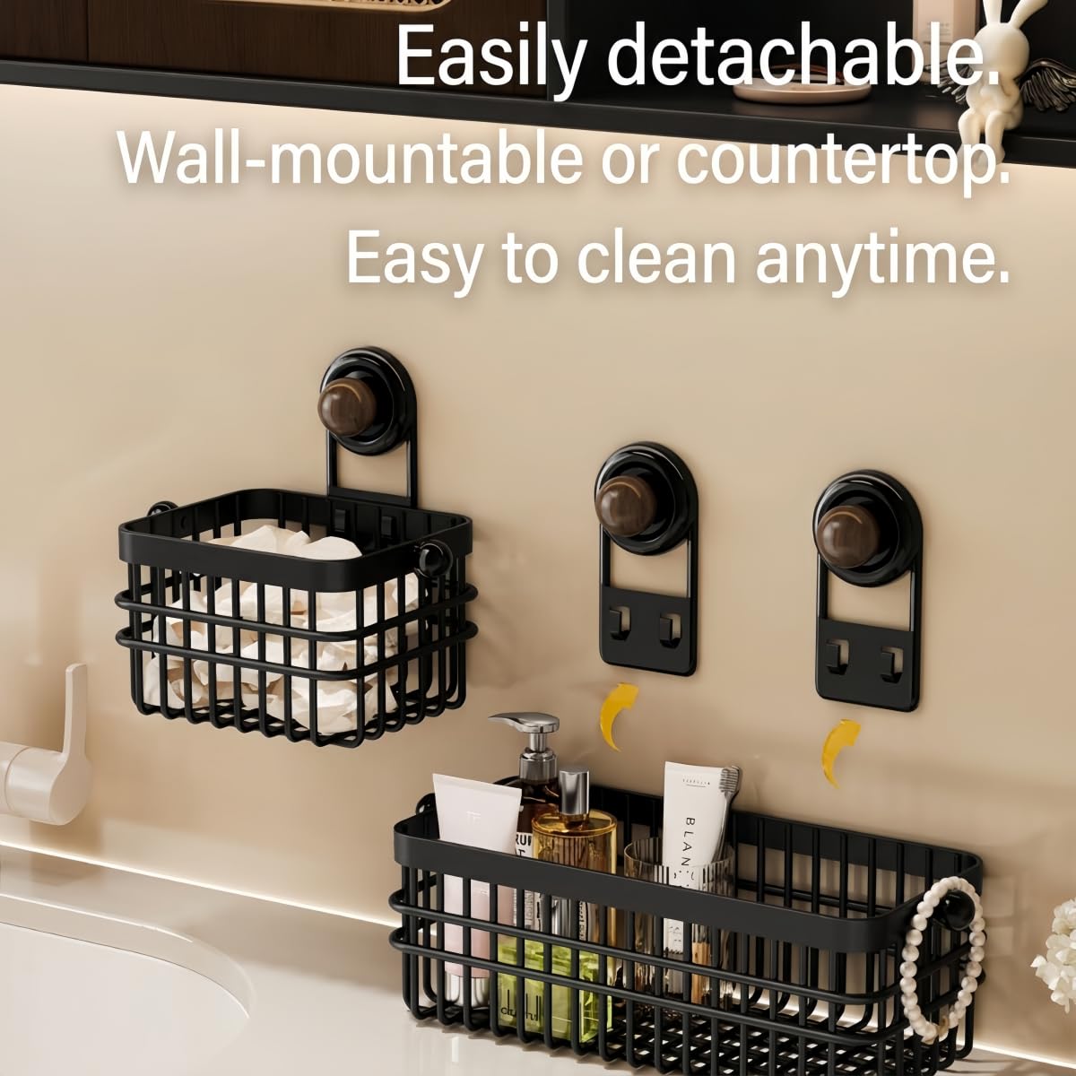 XIKEMADI Drill-Free Wall Mount Storage Basket, 11"x4.6"x3.9" Adhesive Mount Organizer for Kitchen & Bathroom, Waterproof Cotton Facial Tissue Holder for Counter (Black)