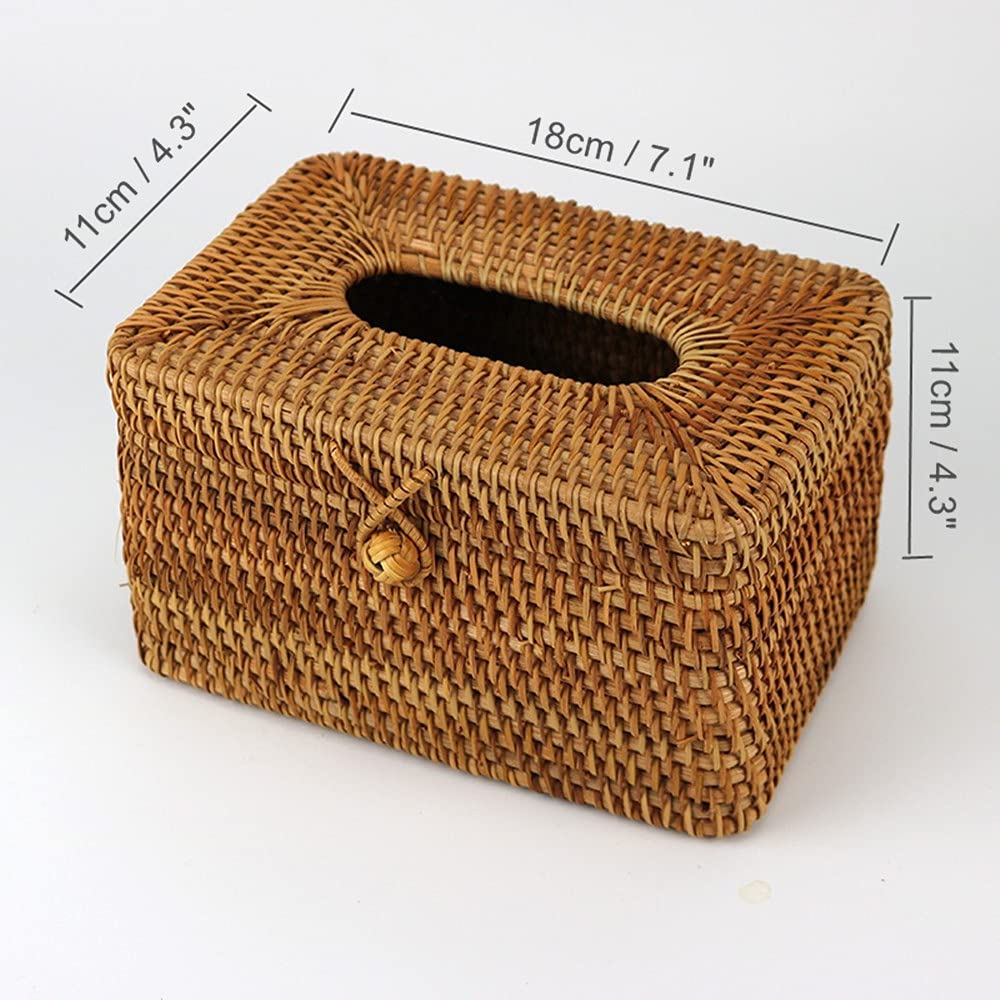5 Inch Tall Rattan Tissue Box Cover Rectangular with Hinged Top Lid and Bead, Boho Woven Facial Napkin Holder, Decorative Napkin Dispenser Holder Organizer for Dresser Bathroom Décor, Brown