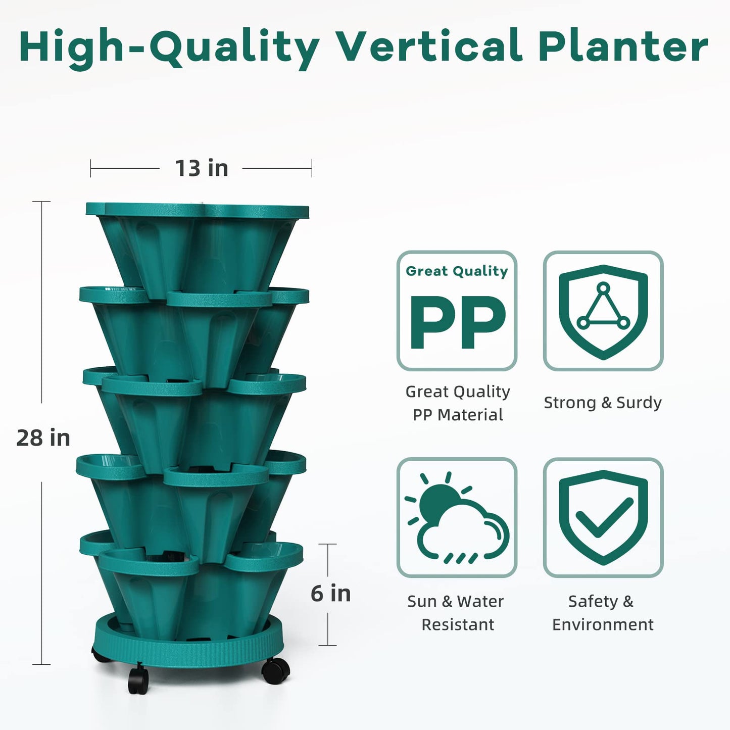 Tectsia Strawberry Vertical Planters Tower Garden, 5 Tiered Stacking Planter with Support Pole, Stackable Herb Vegetable Planters Indoor and Outdoor - Hunter Green