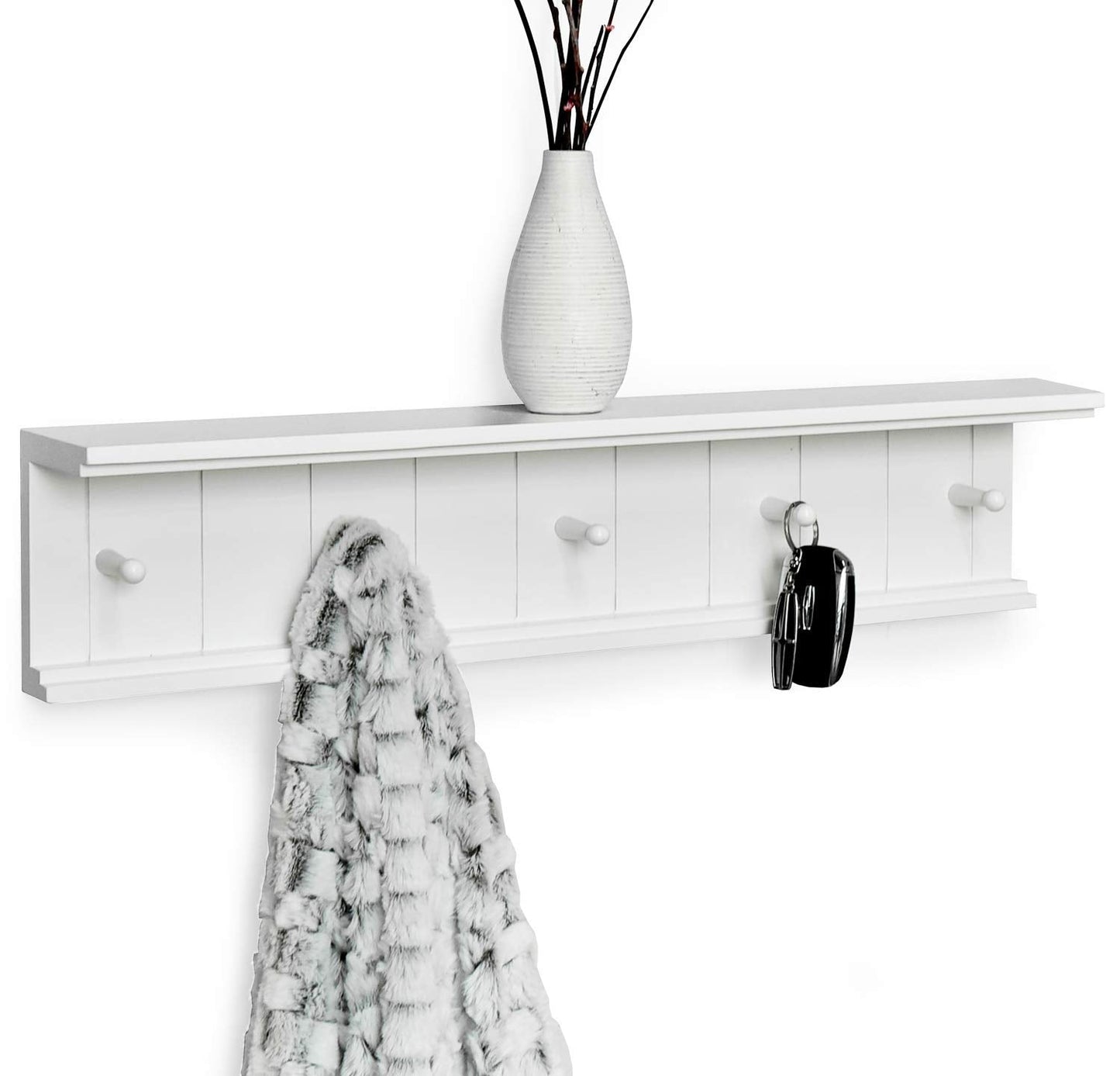 Greenco Entryway Wall Mounted Floating Shelf with Wooden Peg Style Hooks, Hat and Coat Hanging Storage Shelf, 24” – White