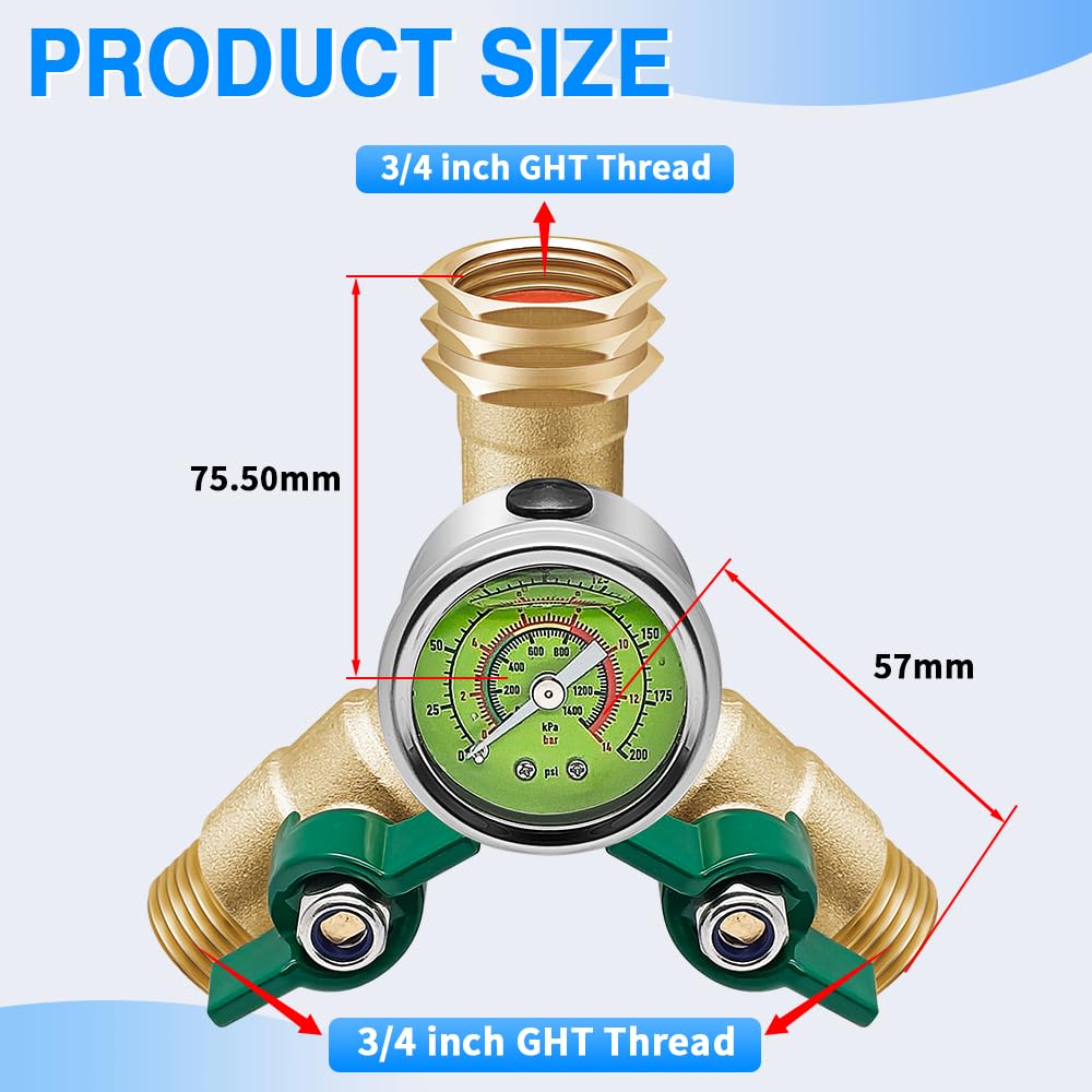 Brass Garden Hose Splitter Full Flow, Hose Splitter 2 Way Heavy Duty, Large Rotate Grip Handles Hose Y Splitter with Shutoff, Garden Hose Splitter with 0-200 PSI Pressure Gauge, 3/4" GHT Threads