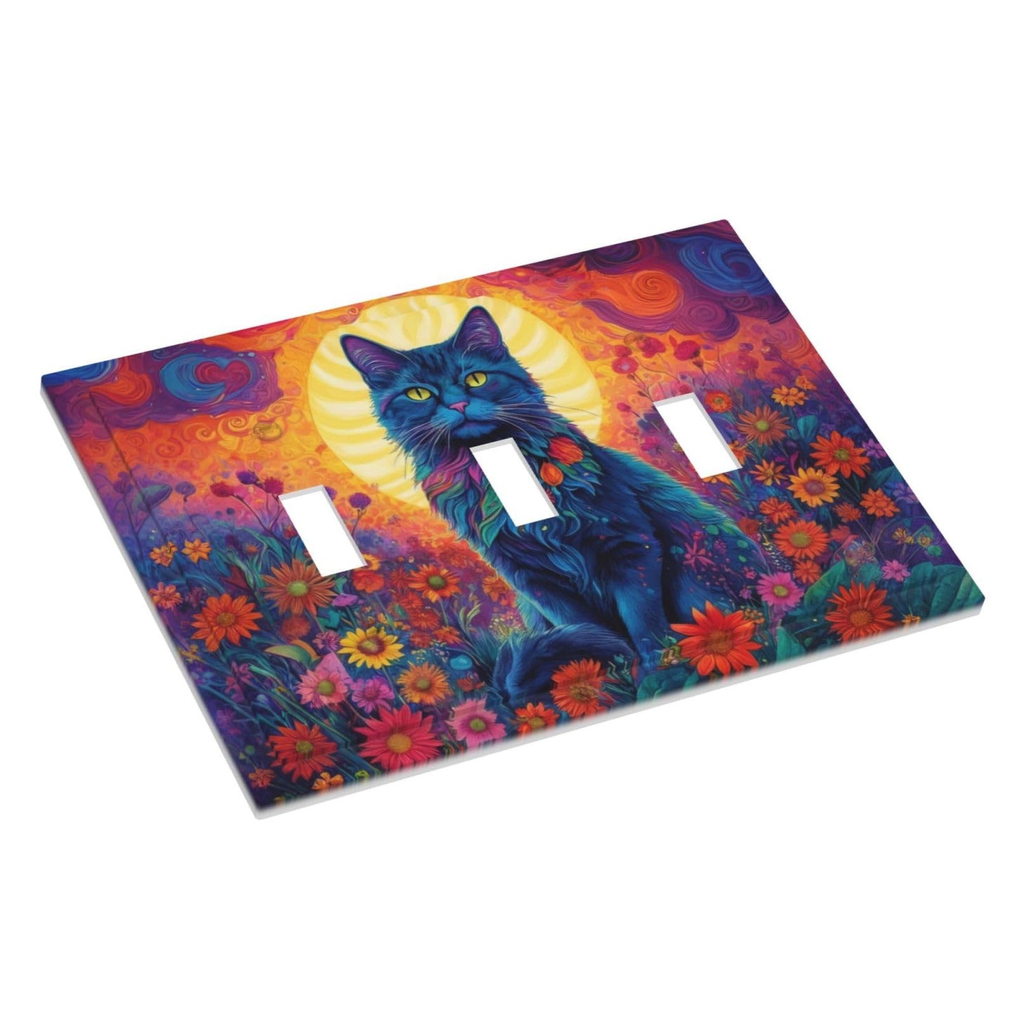 ThsanjuCute Watercolor Cat Gold Sun Sunset Colorful Flowers Clouds