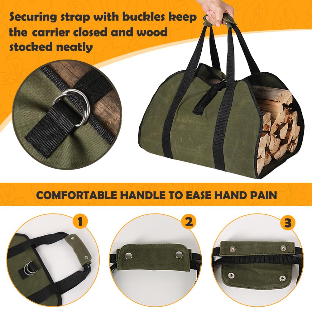 HRX Package Waxed Canvas Firewood Bag Carrier, Water Resistant Log Tote Wood Carrying Bag With Handles for Camping Trip Christmas Gift