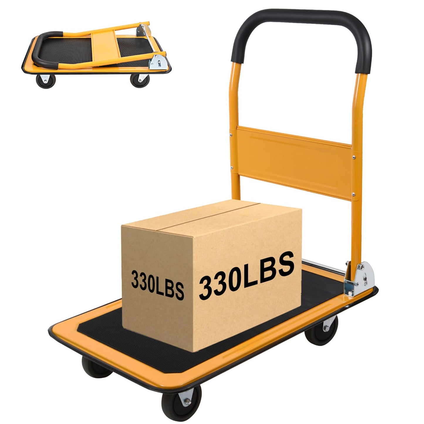 LEADALLWAY Foldable Push Cart Platform Cart 330lbs Capacity 4 Wheels 28.7x18.5x32.3inches Yellow Small Flatbed Cart